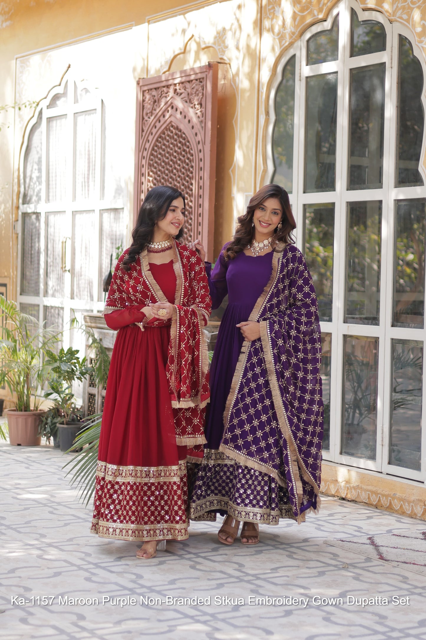 Ka-1157 Maroon Purple Non-Branded Stkua Embroidery Gown Dupatta Set