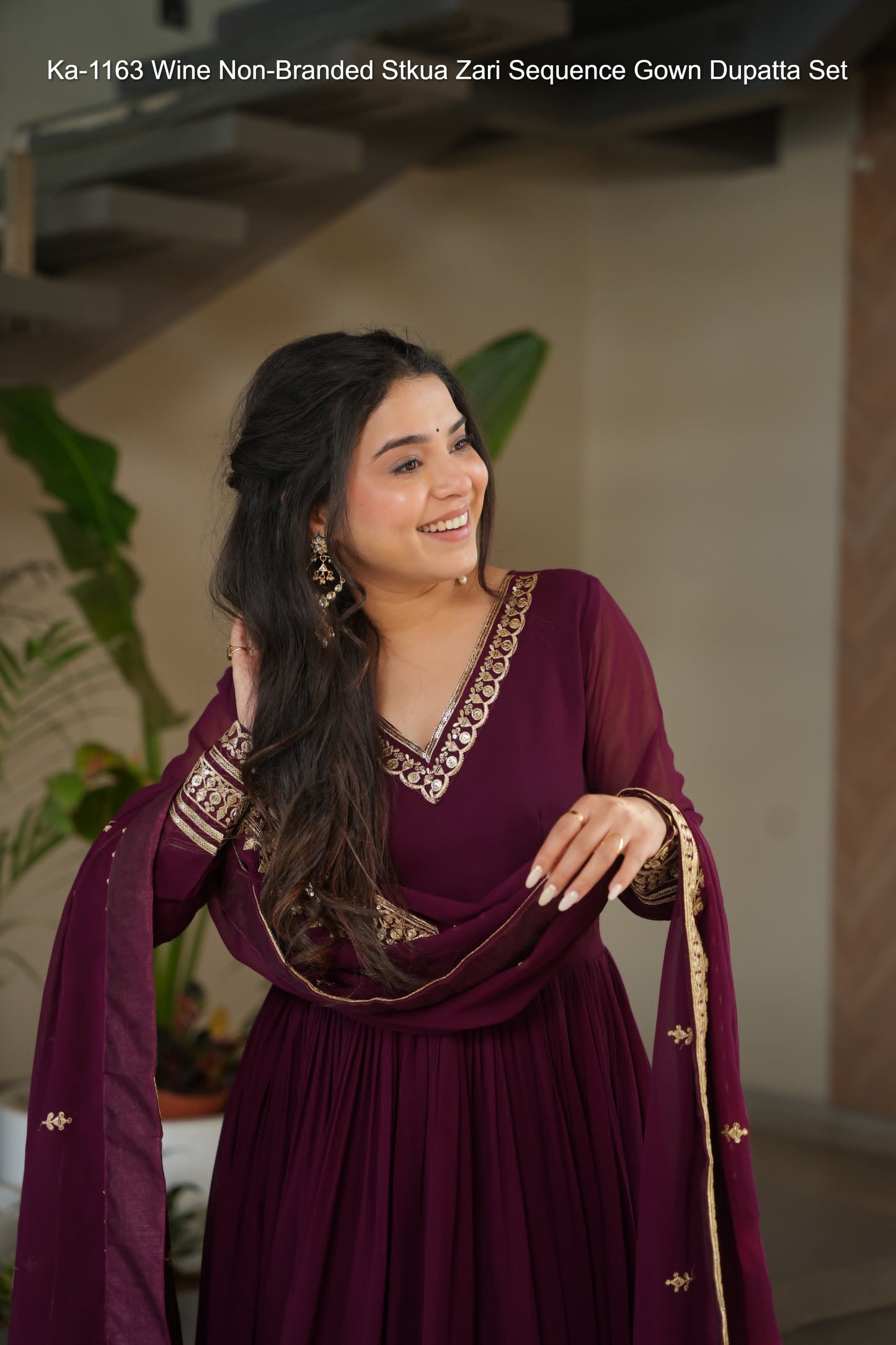 Ka-1163 Wine Non-Branded Stkua Zari Sequence Gown Dupatta Set