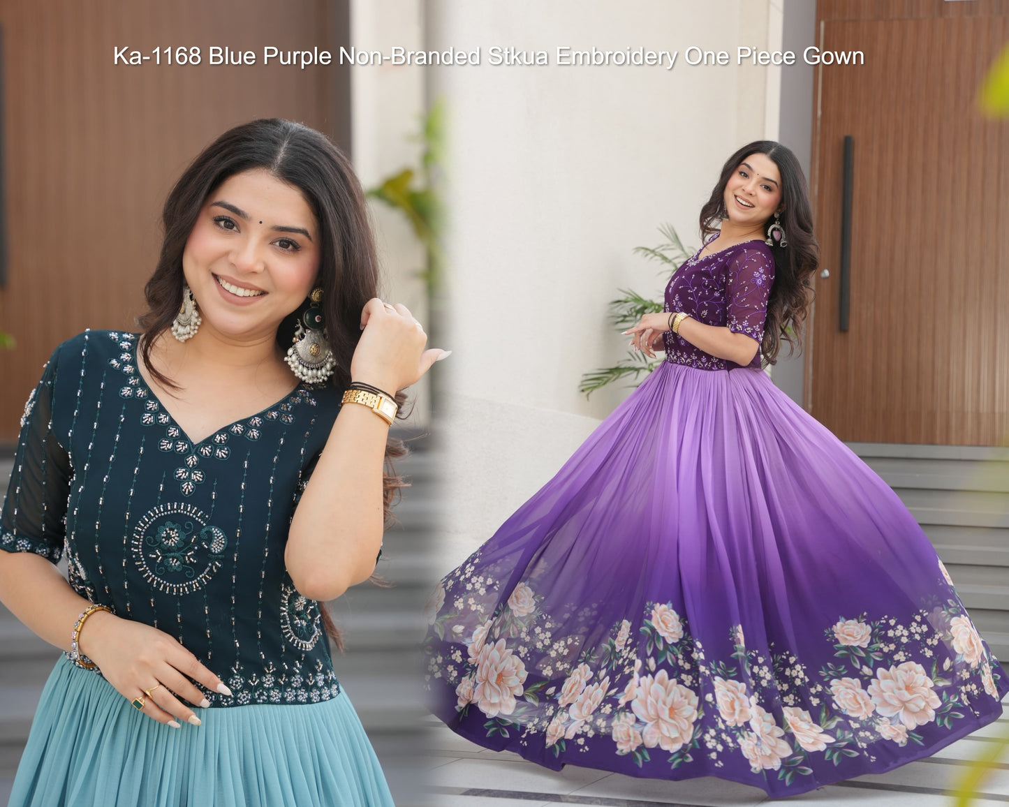 Ka-1168 Blue Purple Non-Branded Stkua Embroidery One Piece Gown