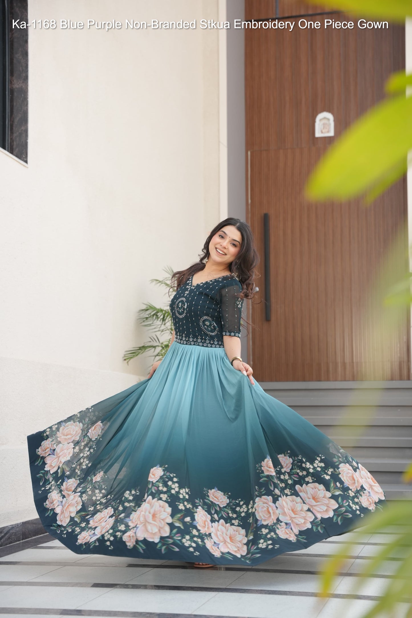 Ka-1168 Blue Purple Non-Branded Stkua Embroidery One Piece Gown