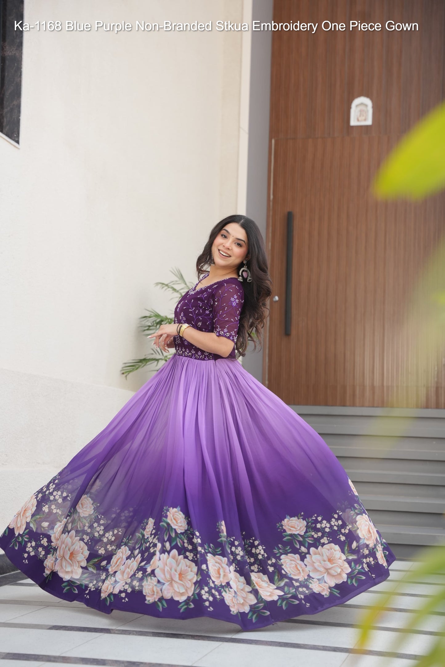 Ka-1168 Blue Purple Non-Branded Stkua Embroidery One Piece Gown