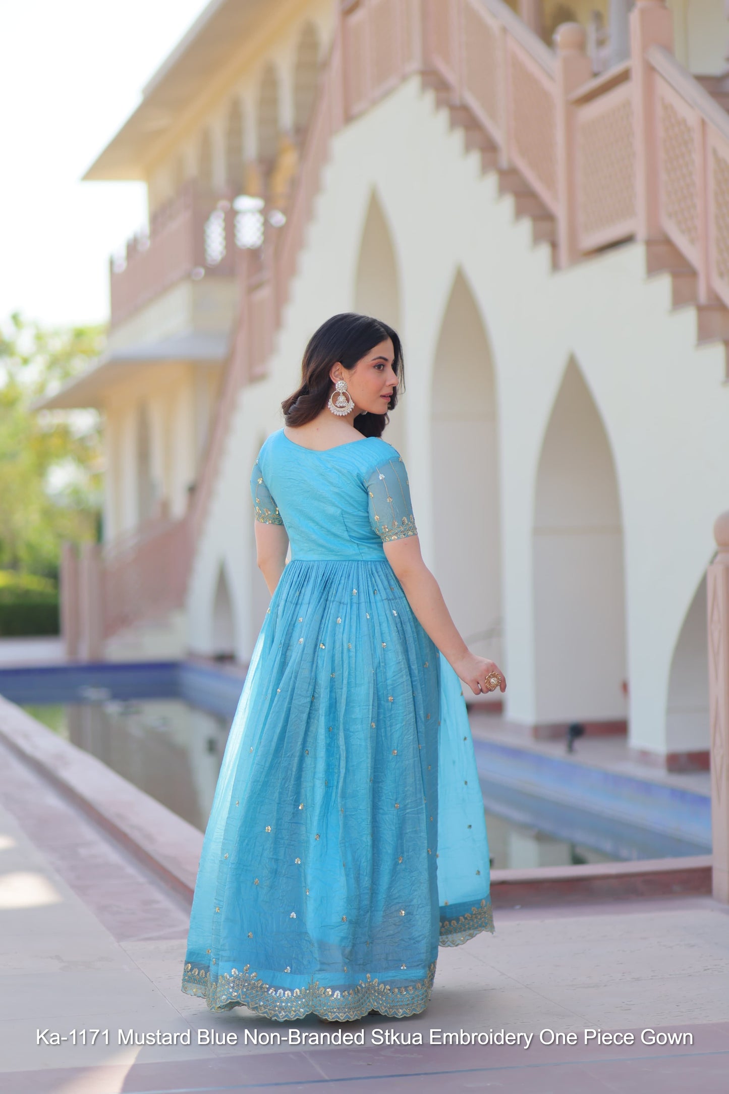 Ka-1171 Mustard Blue Non-Branded Stkua Embroidery One Piece Gown