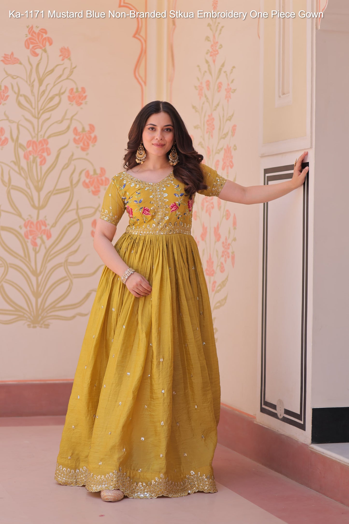 Ka-1171 Mustard Blue Non-Branded Stkua Embroidery One Piece Gown