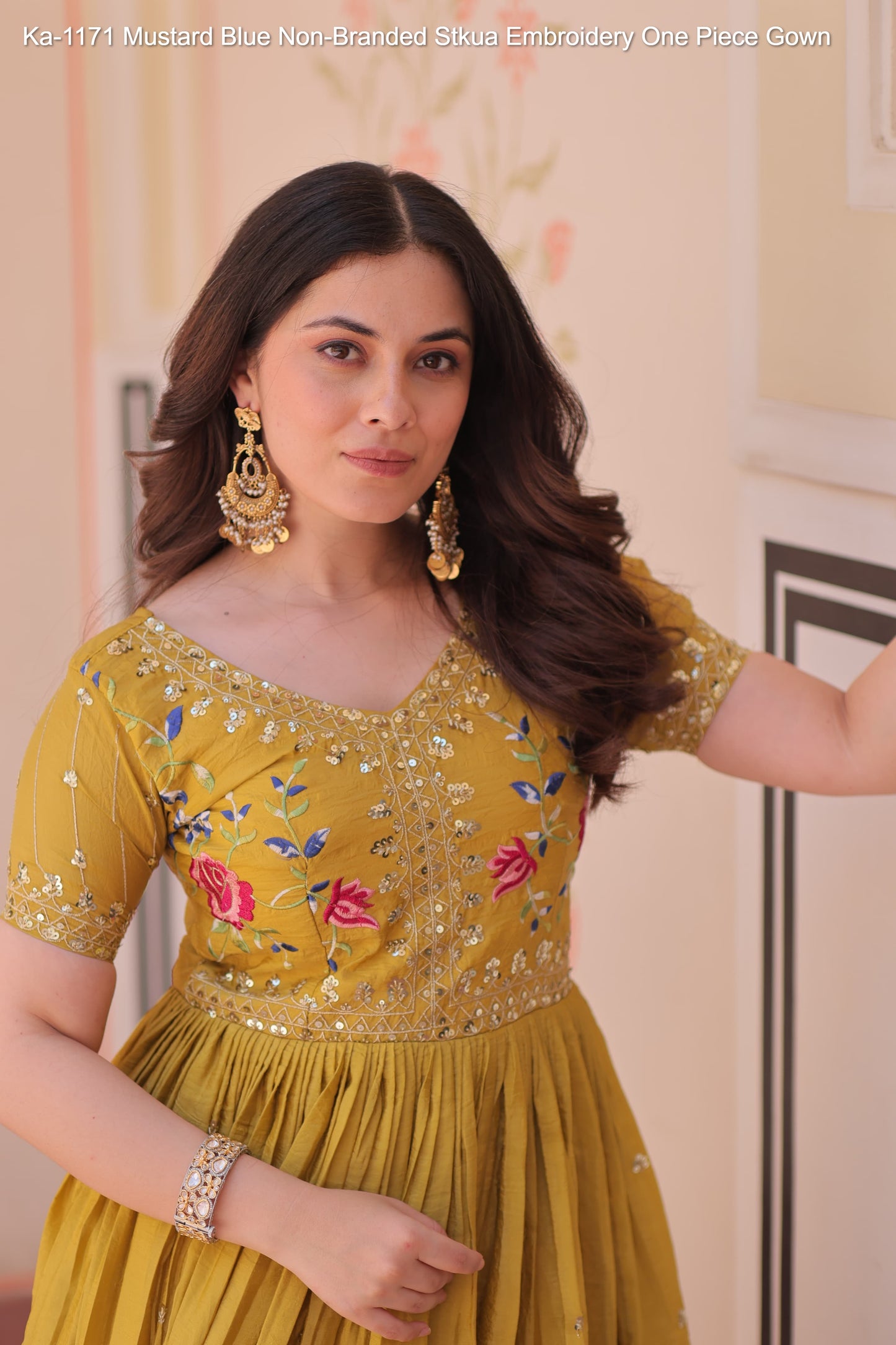 Ka-1171 Mustard Blue Non-Branded Stkua Embroidery One Piece Gown