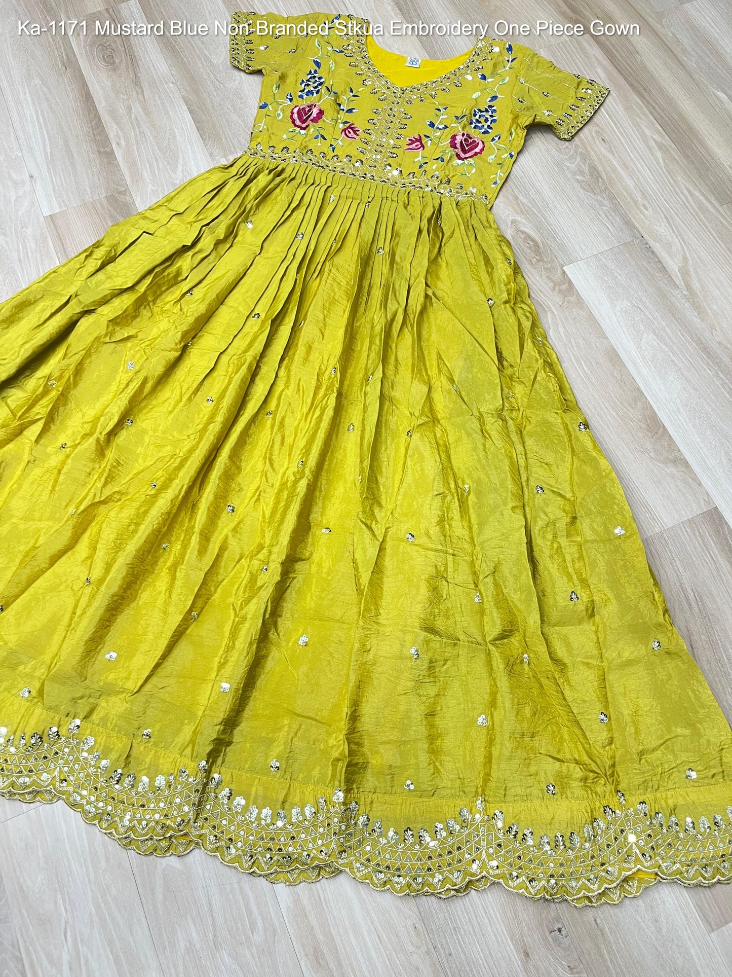 Ka-1171 Mustard Blue Non-Branded Stkua Embroidery One Piece Gown
