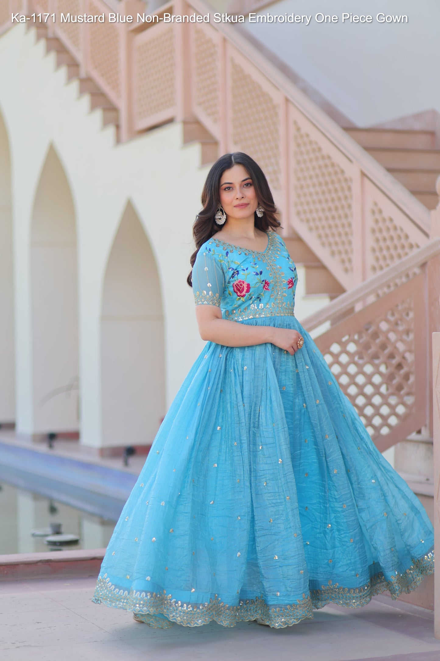 Ka-1171 Mustard Blue Non-Branded Stkua Embroidery One Piece Gown