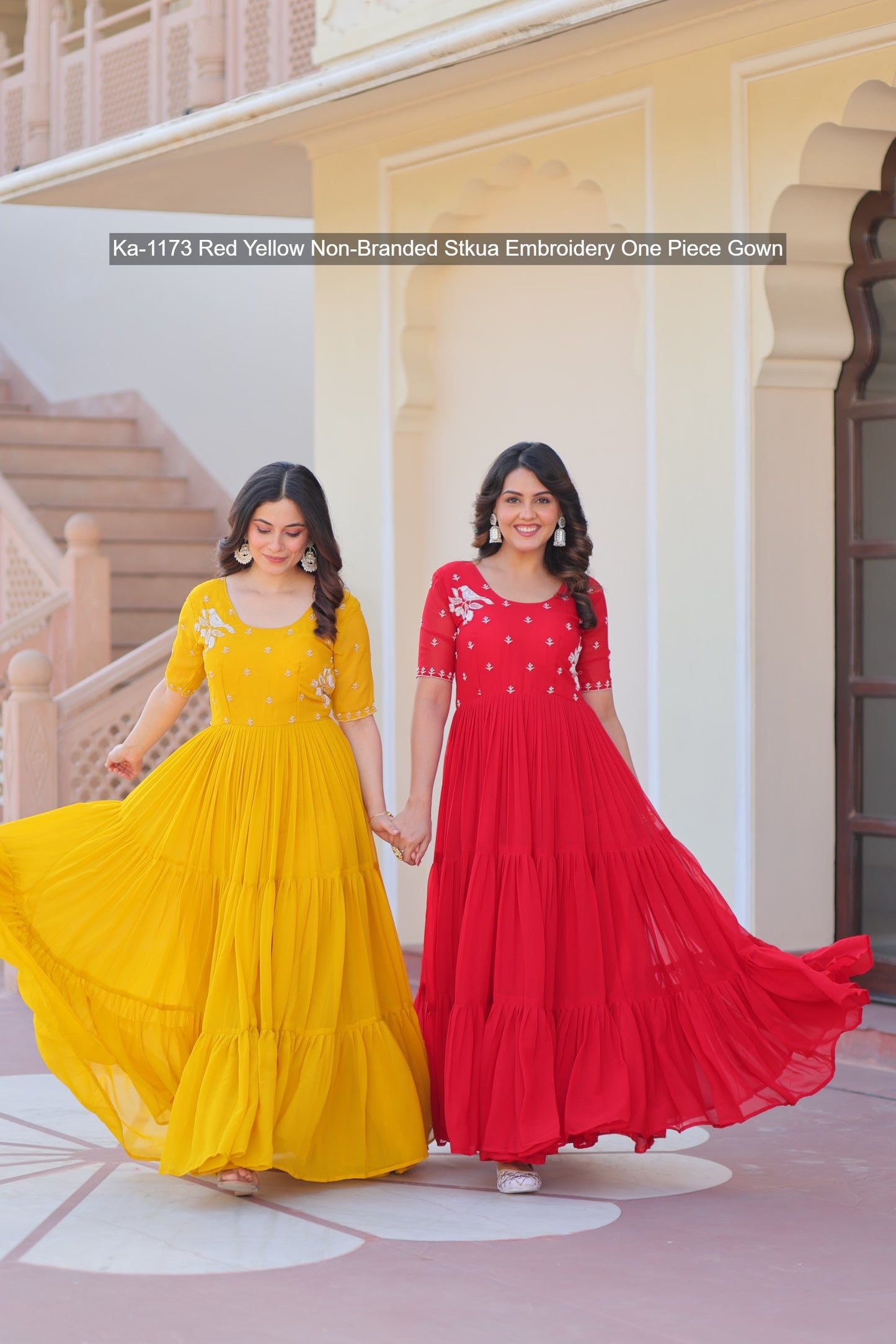 Ka-1173 Red Yellow Non-Branded Stkua Embroidery One Piece Gown