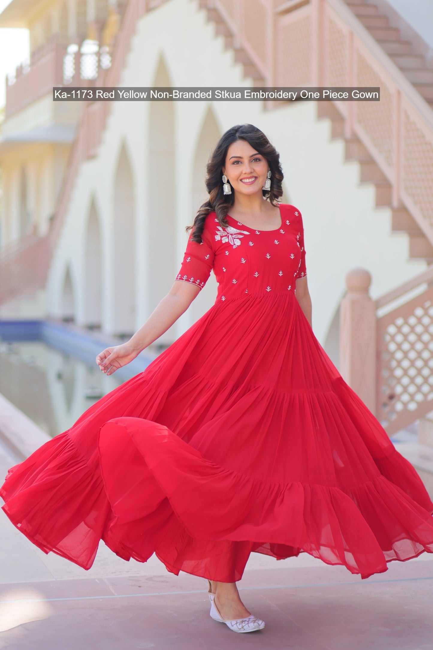 Ka-1173 Red Yellow Non-Branded Stkua Embroidery One Piece Gown