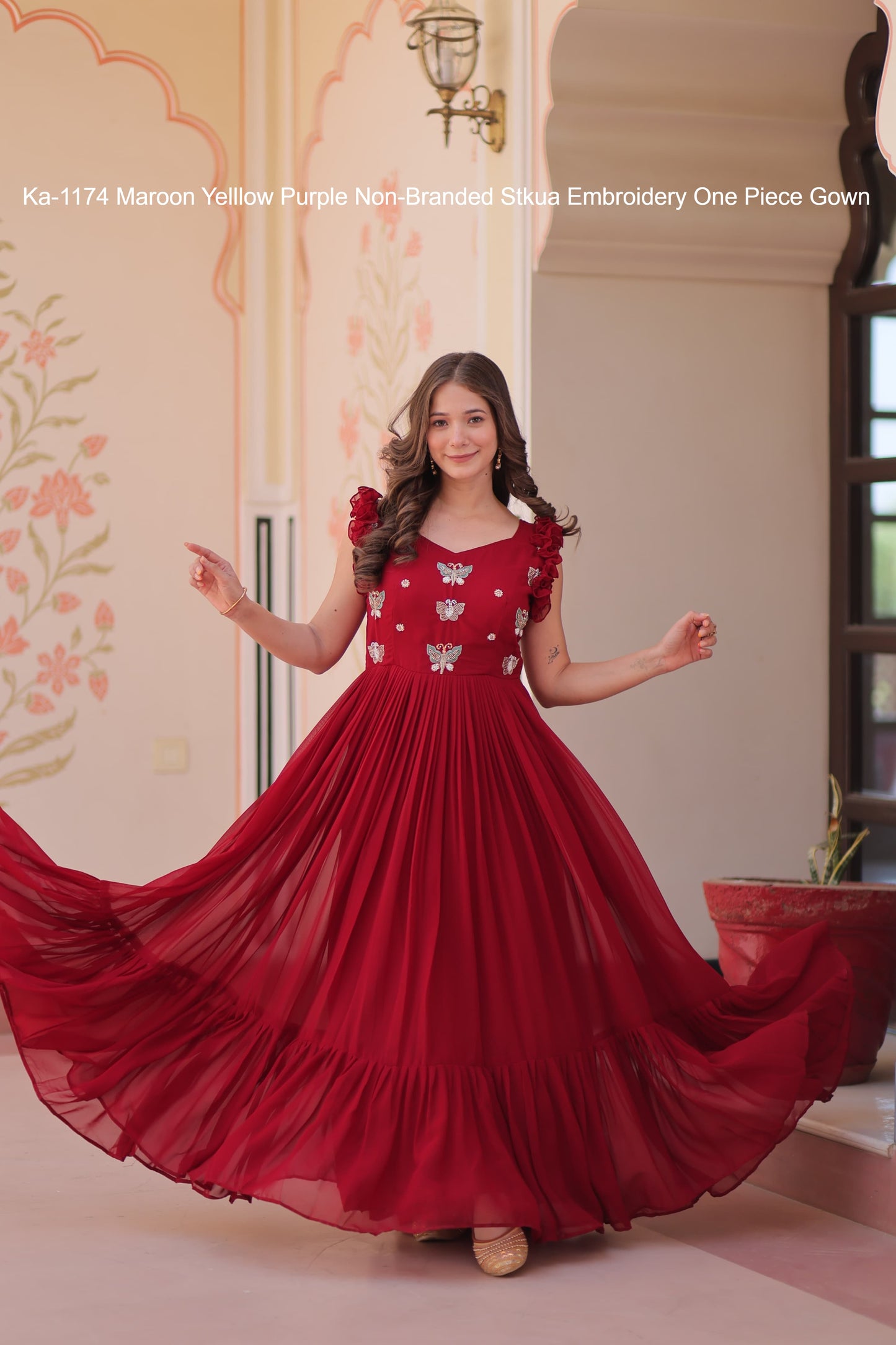 Ka-1174 Maroon Yelllow Purple Non-Branded Stkua Embroidery One Piece Gown