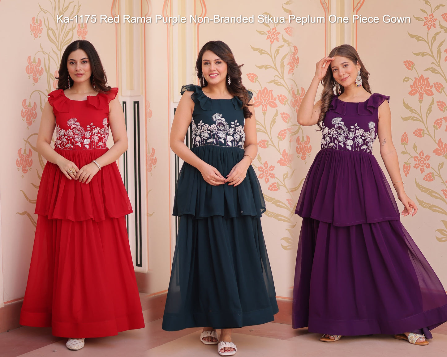 Ka-1175 Red Rama Purple Non-Branded Stkua Peplum One Piece Gown