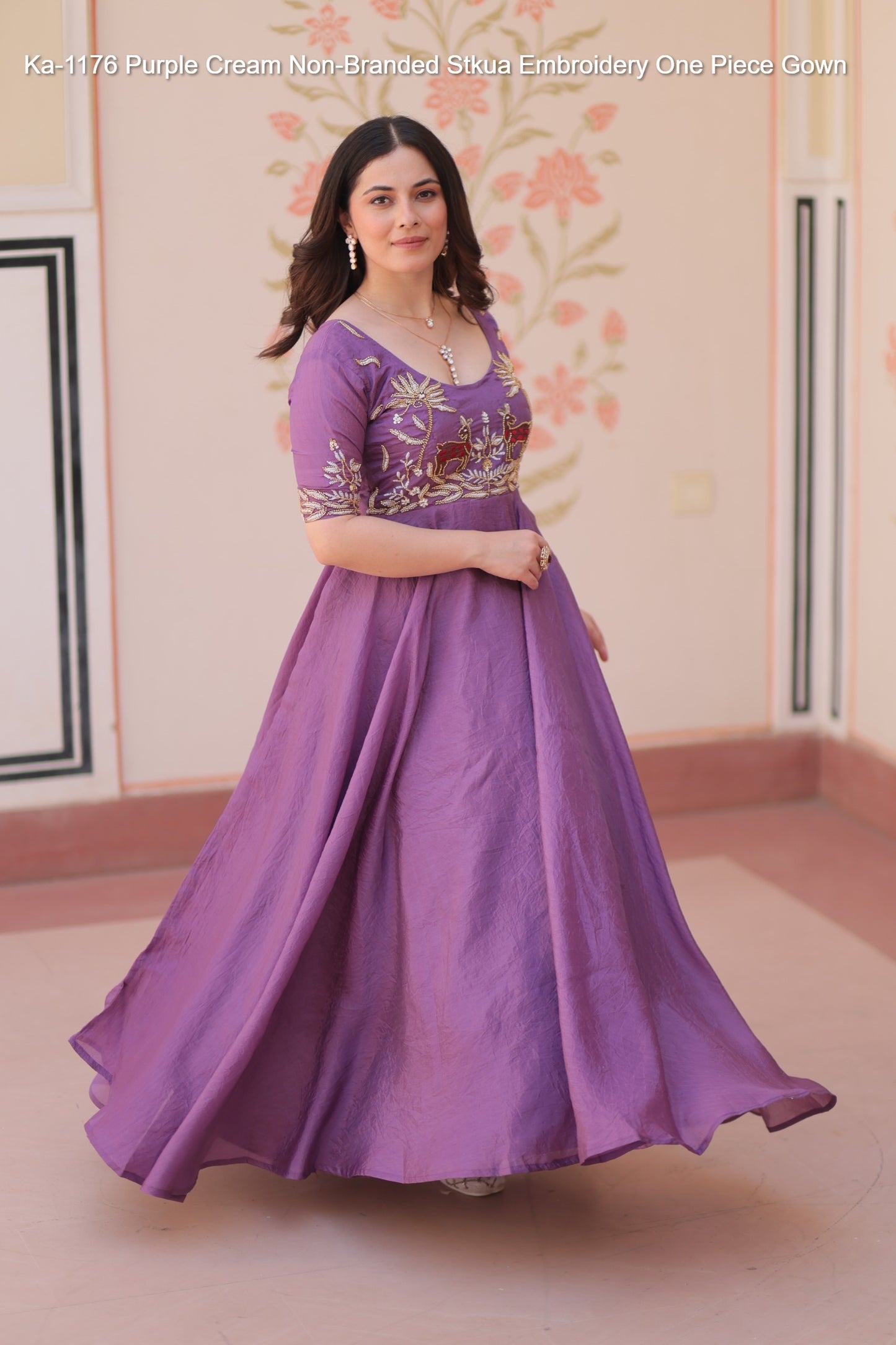 Ka-1176 Purple Cream Non-Branded Stkua Embroidery One Piece Gown