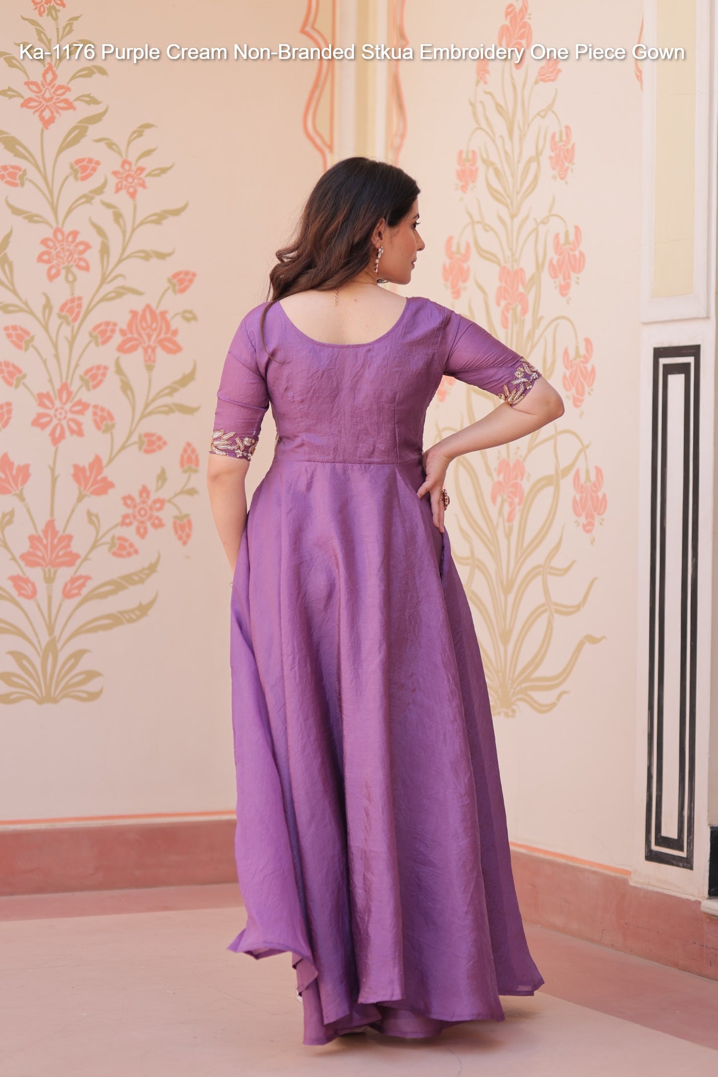 Ka-1176 Purple Cream Non-Branded Stkua Embroidery One Piece Gown