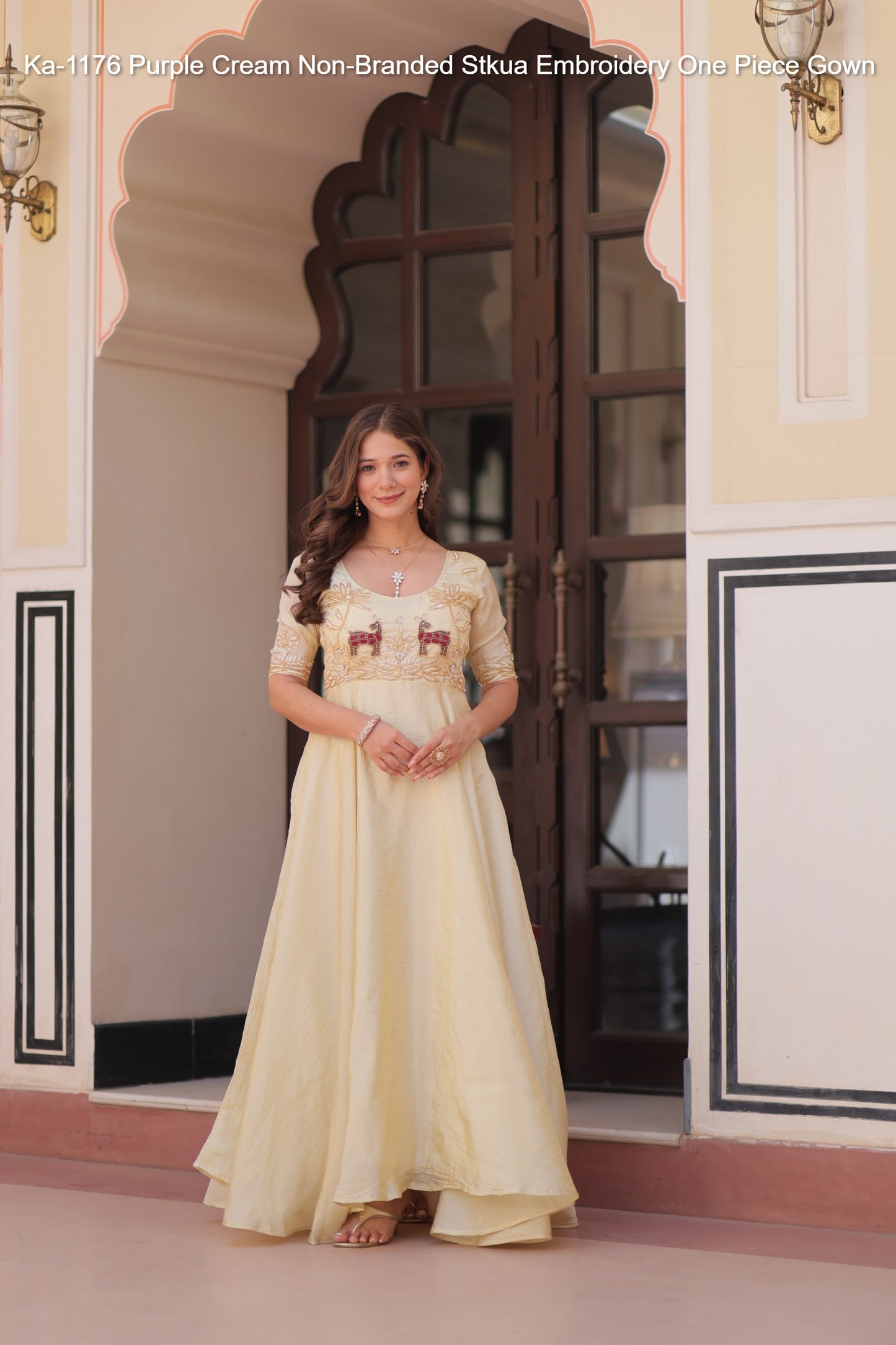 Ka-1176 Purple Cream Non-Branded Stkua Embroidery One Piece Gown