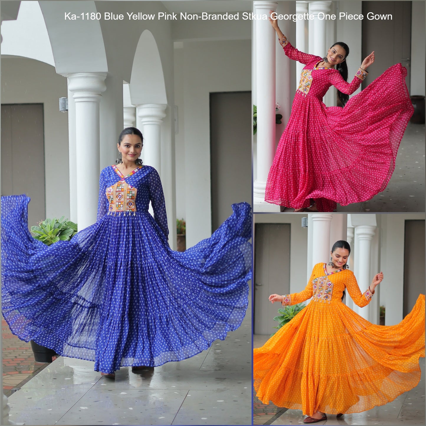 Ka-1180 Blue Yellow Pink Non-Branded Stkua Georgette One Piece Gown