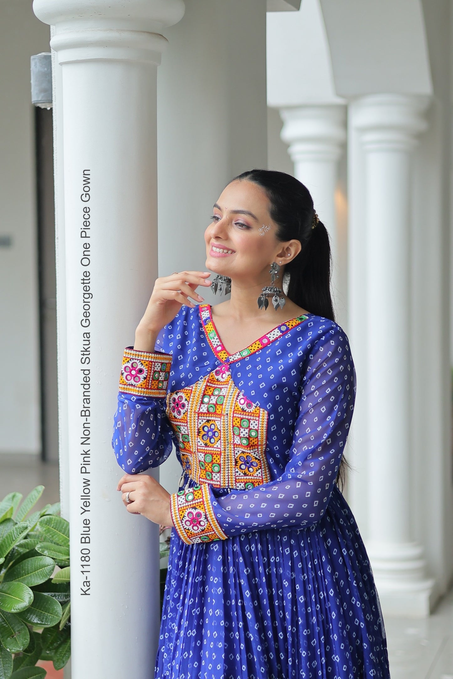 Ka-1180 Blue Yellow Pink Non-Branded Stkua Georgette One Piece Gown