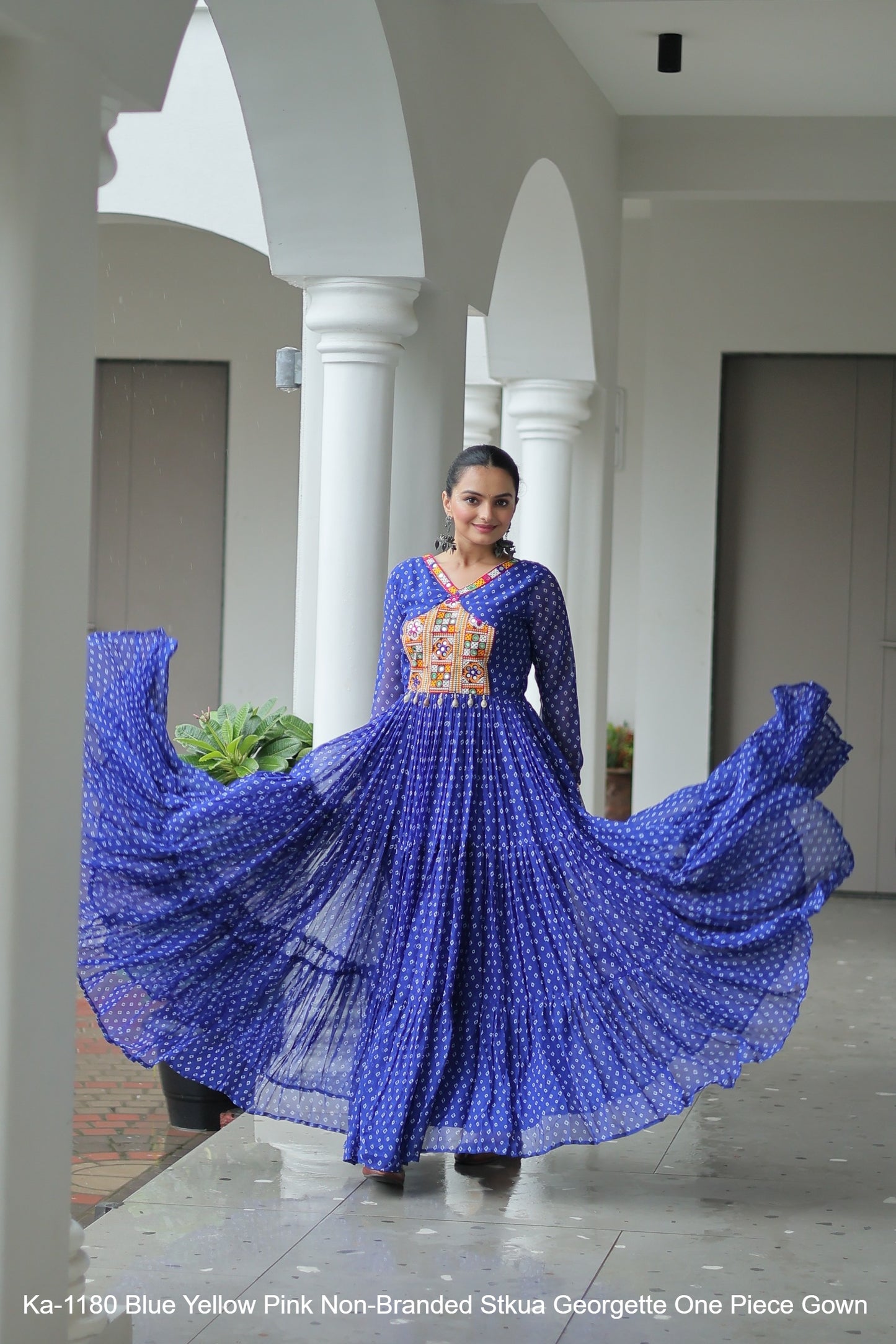 Ka-1180 Blue Yellow Pink Non-Branded Stkua Georgette One Piece Gown