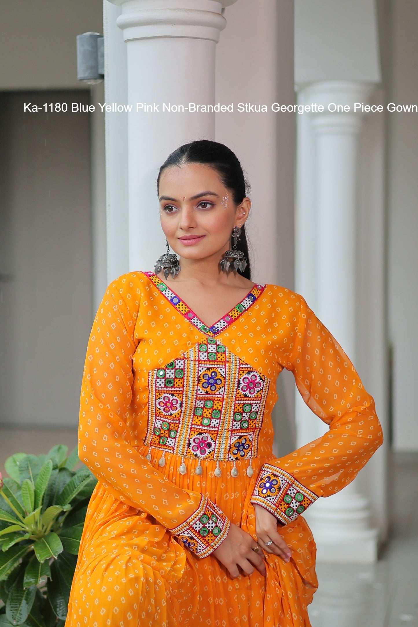 Ka-1180 Blue Yellow Pink Non-Branded Stkua Georgette One Piece Gown