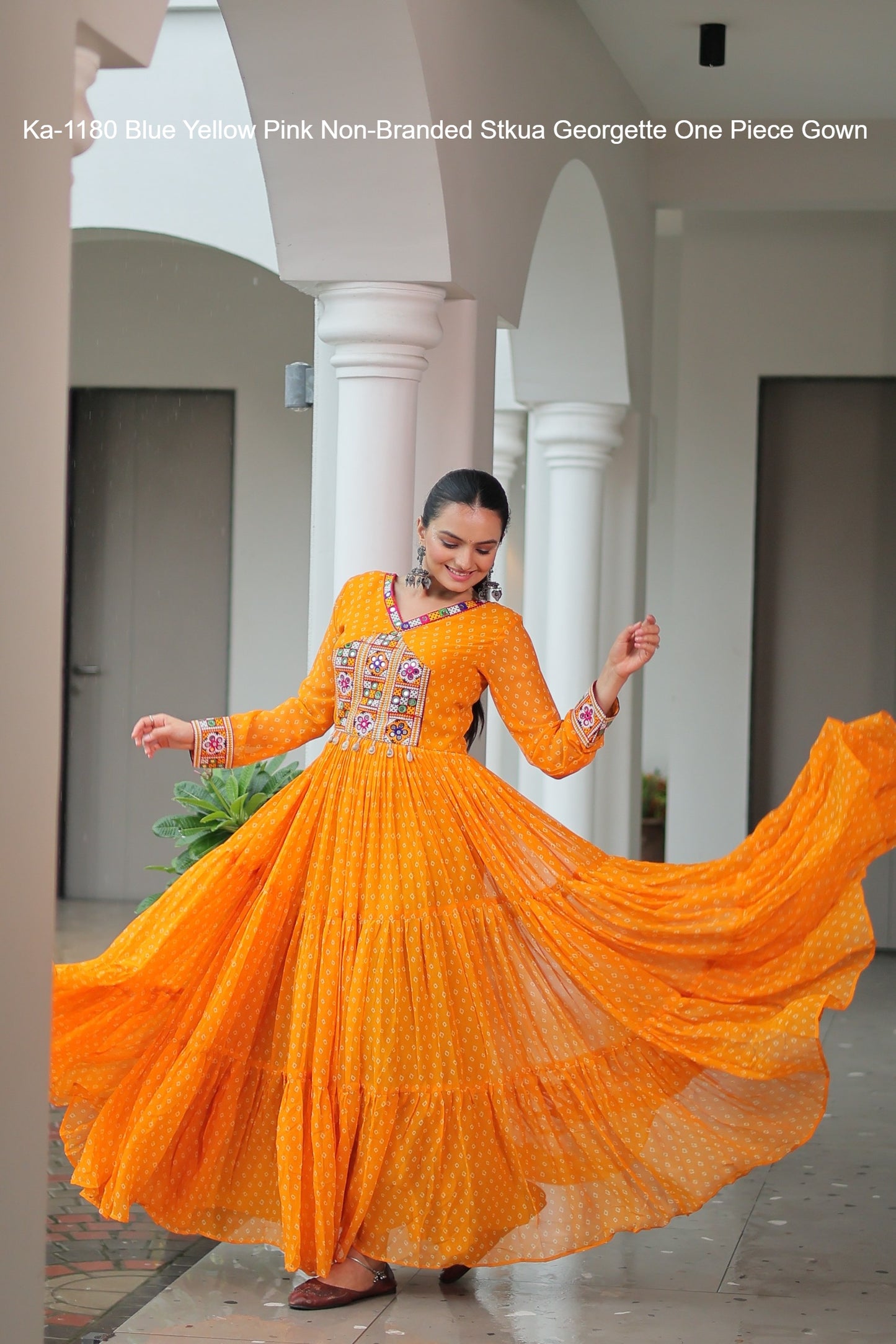 Ka-1180 Blue Yellow Pink Non-Branded Stkua Georgette One Piece Gown