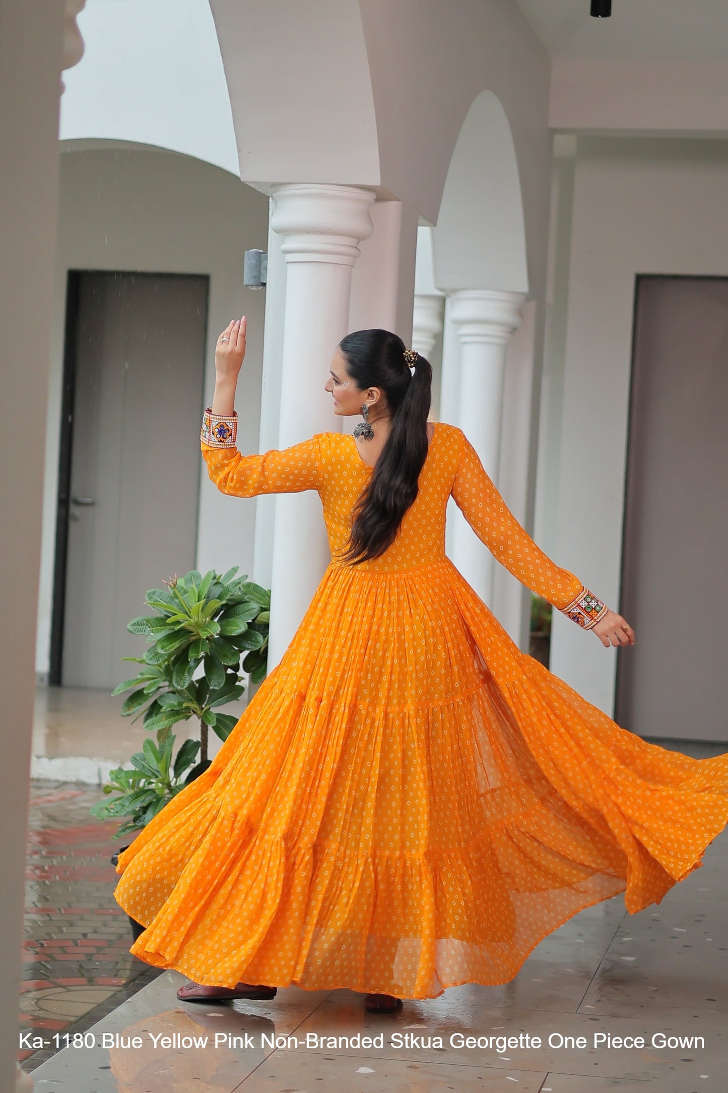 Ka-1180 Blue Yellow Pink Non-Branded Stkua Georgette One Piece Gown