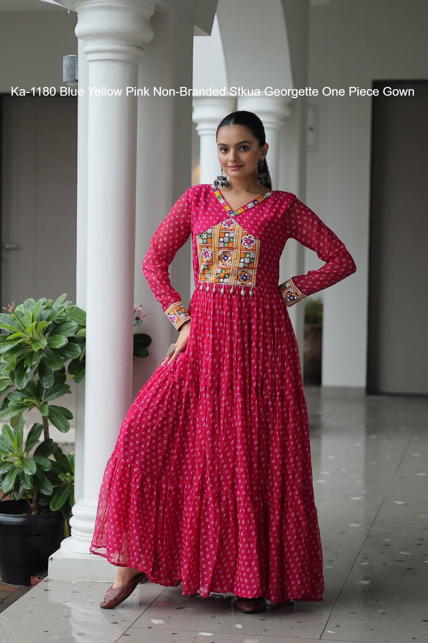 Ka-1180 Blue Yellow Pink Non-Branded Stkua Georgette One Piece Gown