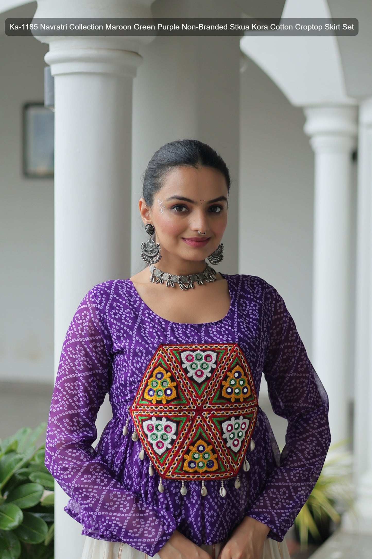 Ka-1185 Navratri Collection Maroon Green Purple Non-Branded Stkua Kora Cotton Croptop Skirt Set