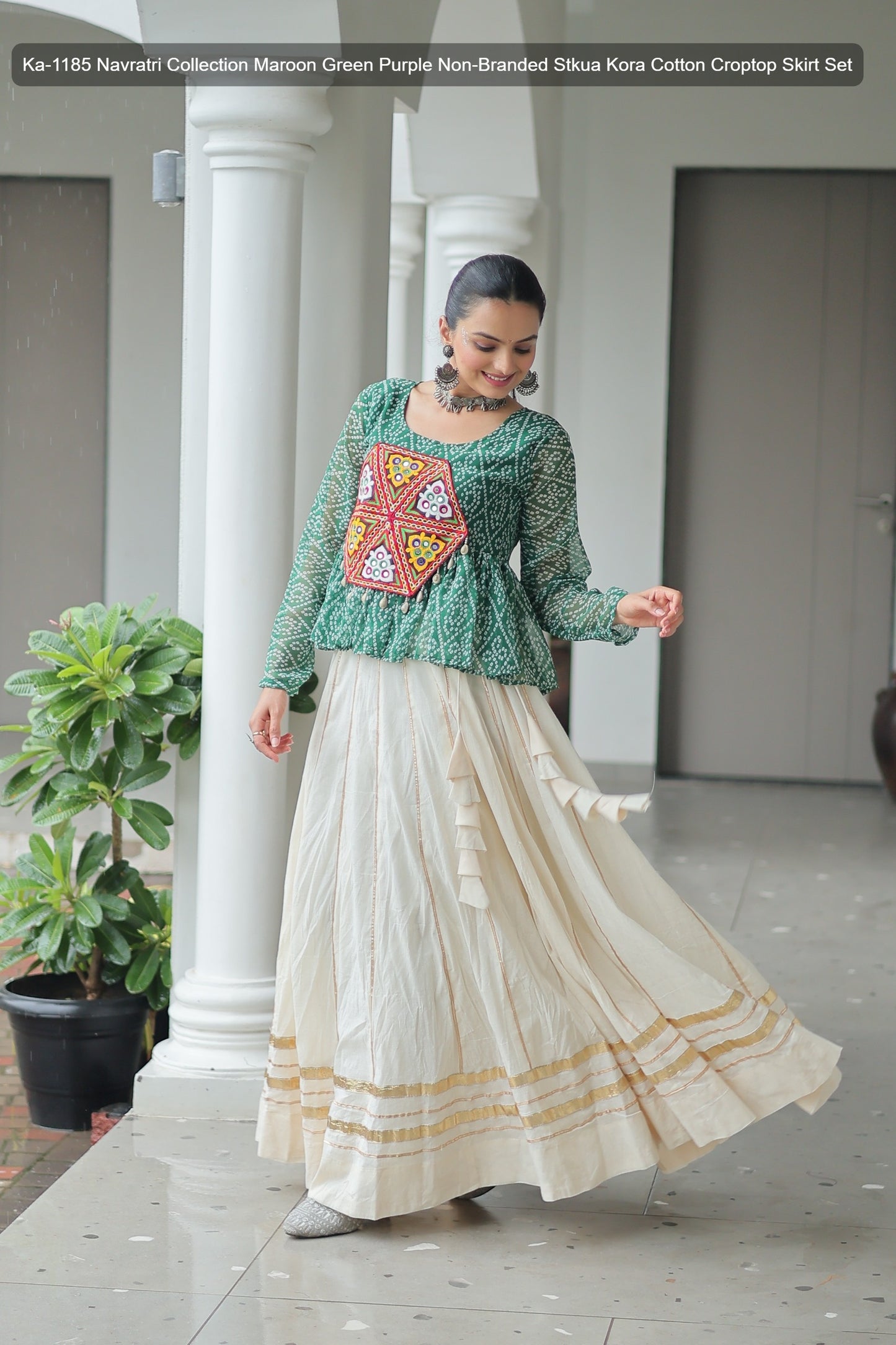 Ka-1185 Navratri Collection Maroon Green Purple Non-Branded Stkua Kora Cotton Croptop Skirt Set