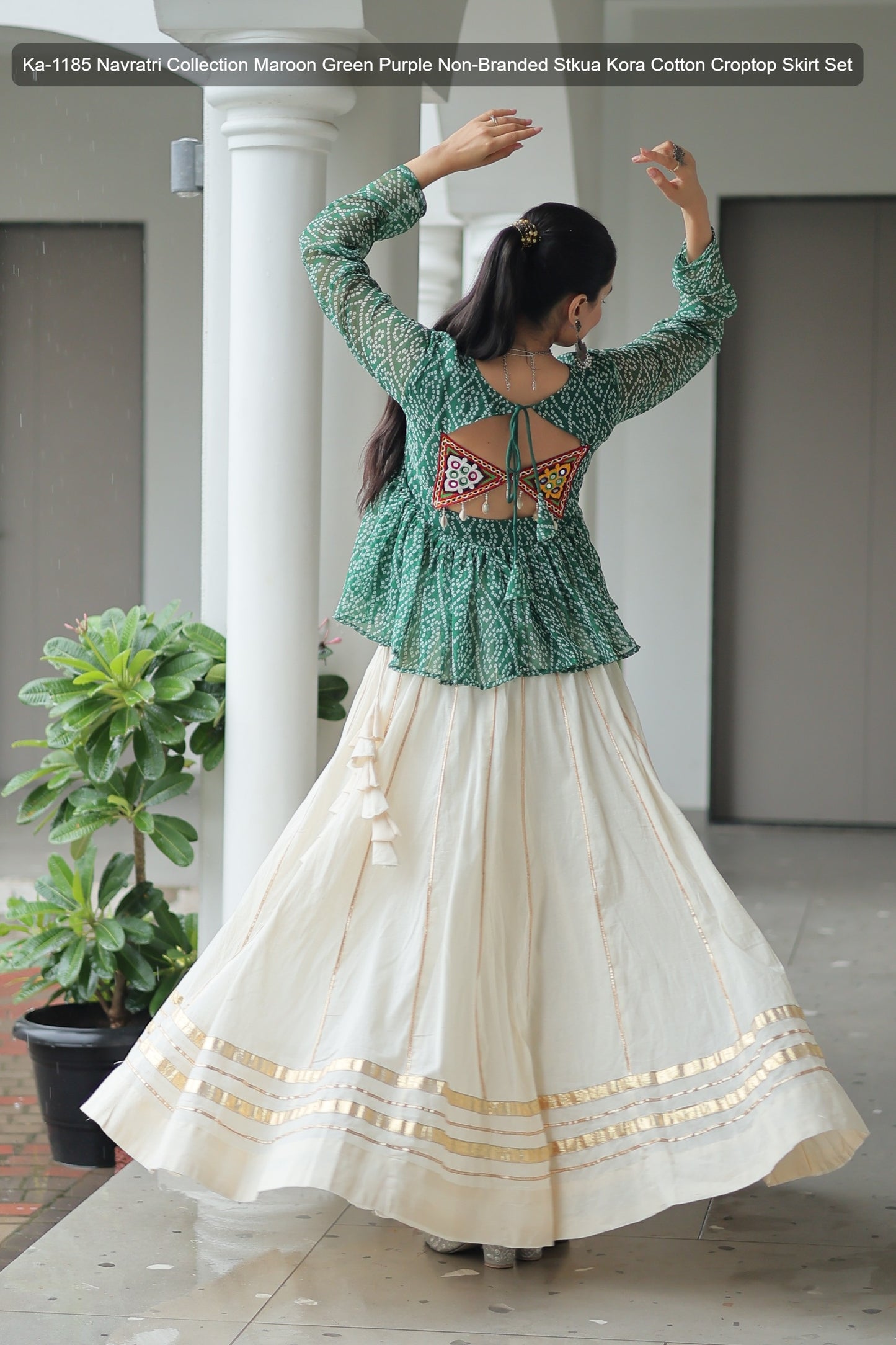 Ka-1185 Navratri Collection Maroon Green Purple Non-Branded Stkua Kora Cotton Croptop Skirt Set