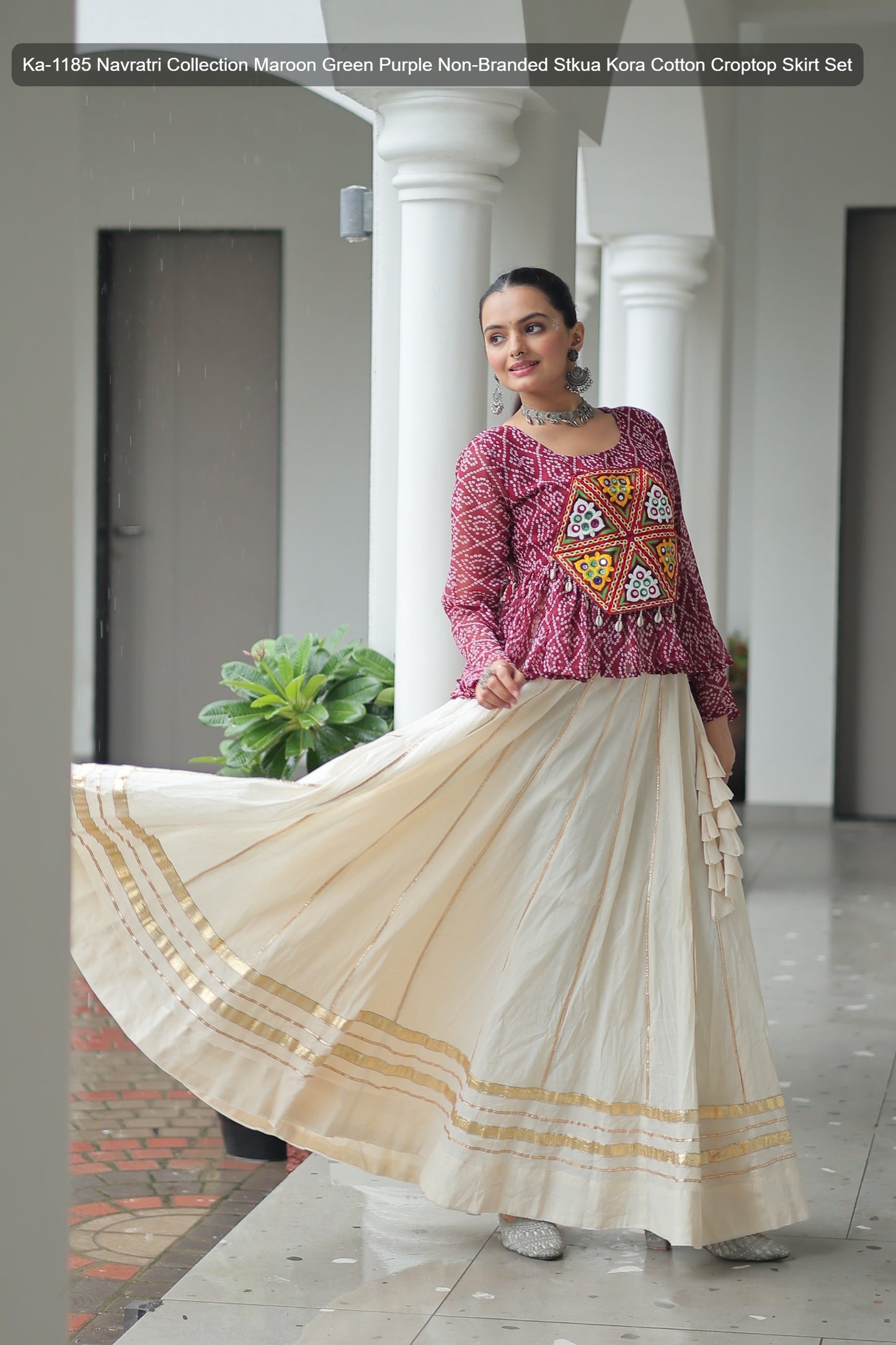 Ka-1185 Navratri Collection Maroon Green Purple Non-Branded Stkua Kora Cotton Croptop Skirt Set