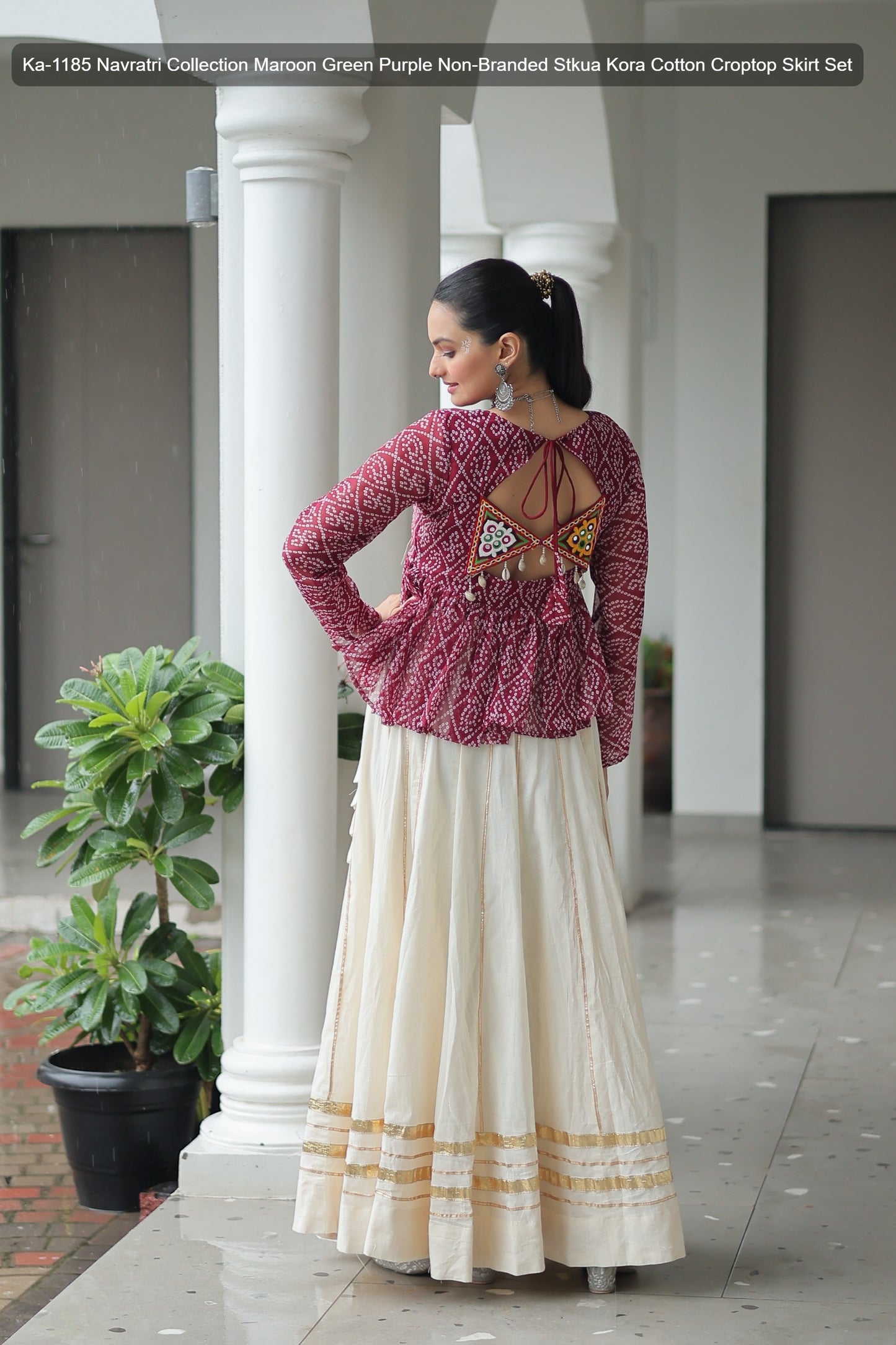 Ka-1185 Navratri Collection Maroon Green Purple Non-Branded Stkua Kora Cotton Croptop Skirt Set