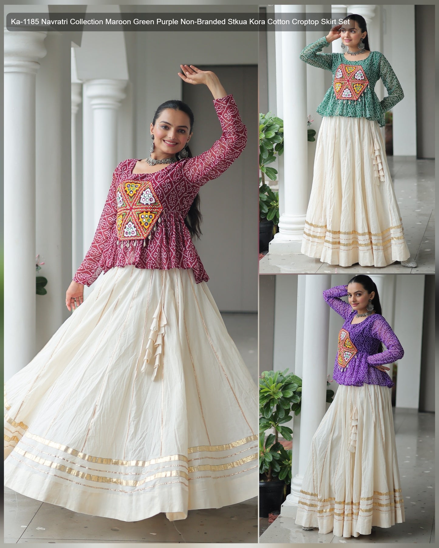 Ka-1185 Navratri Collection Maroon Green Purple Non-Branded Stkua Kora Cotton Croptop Skirt Set