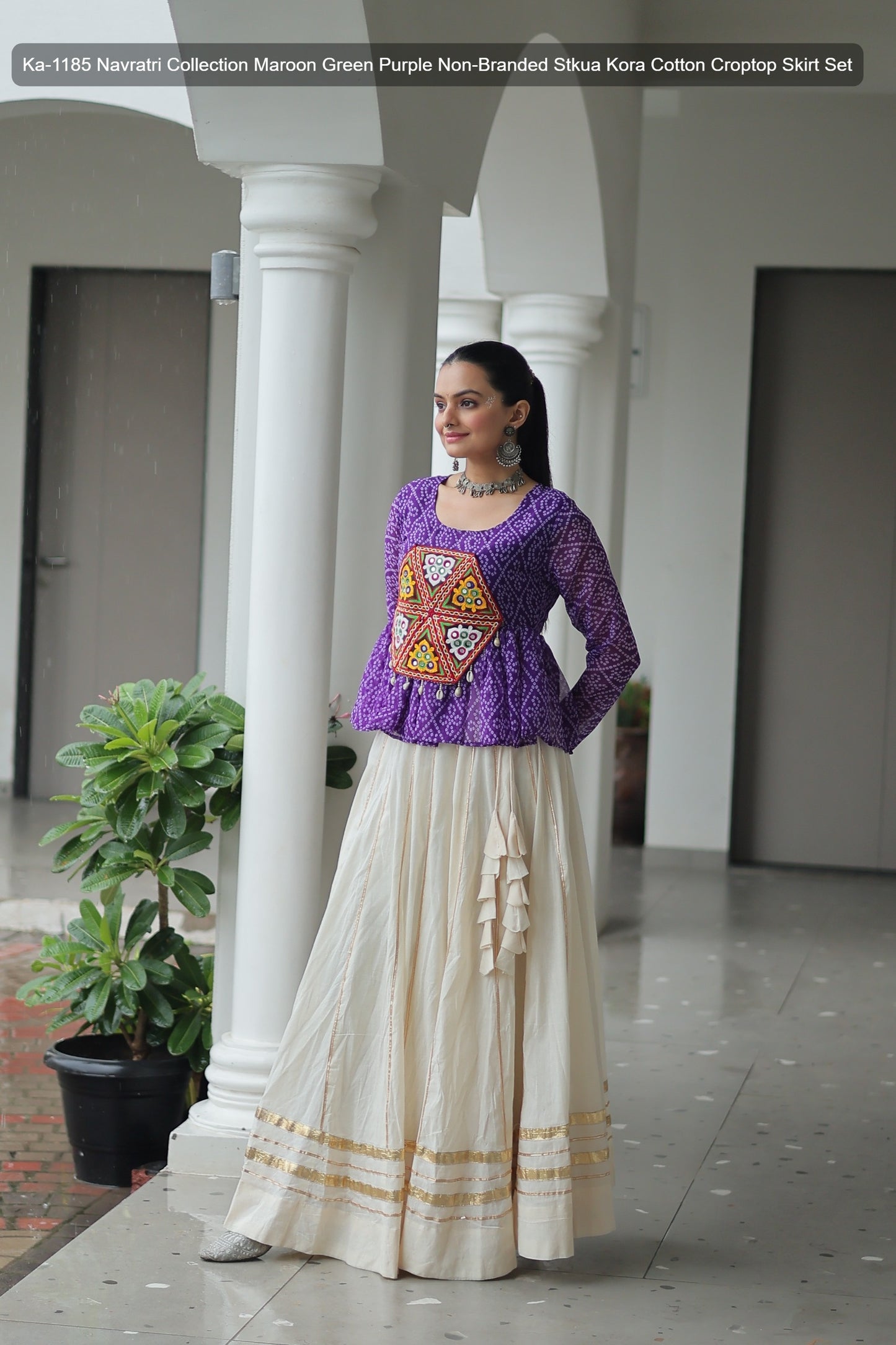 Ka-1185 Navratri Collection Maroon Green Purple Non-Branded Stkua Kora Cotton Croptop Skirt Set