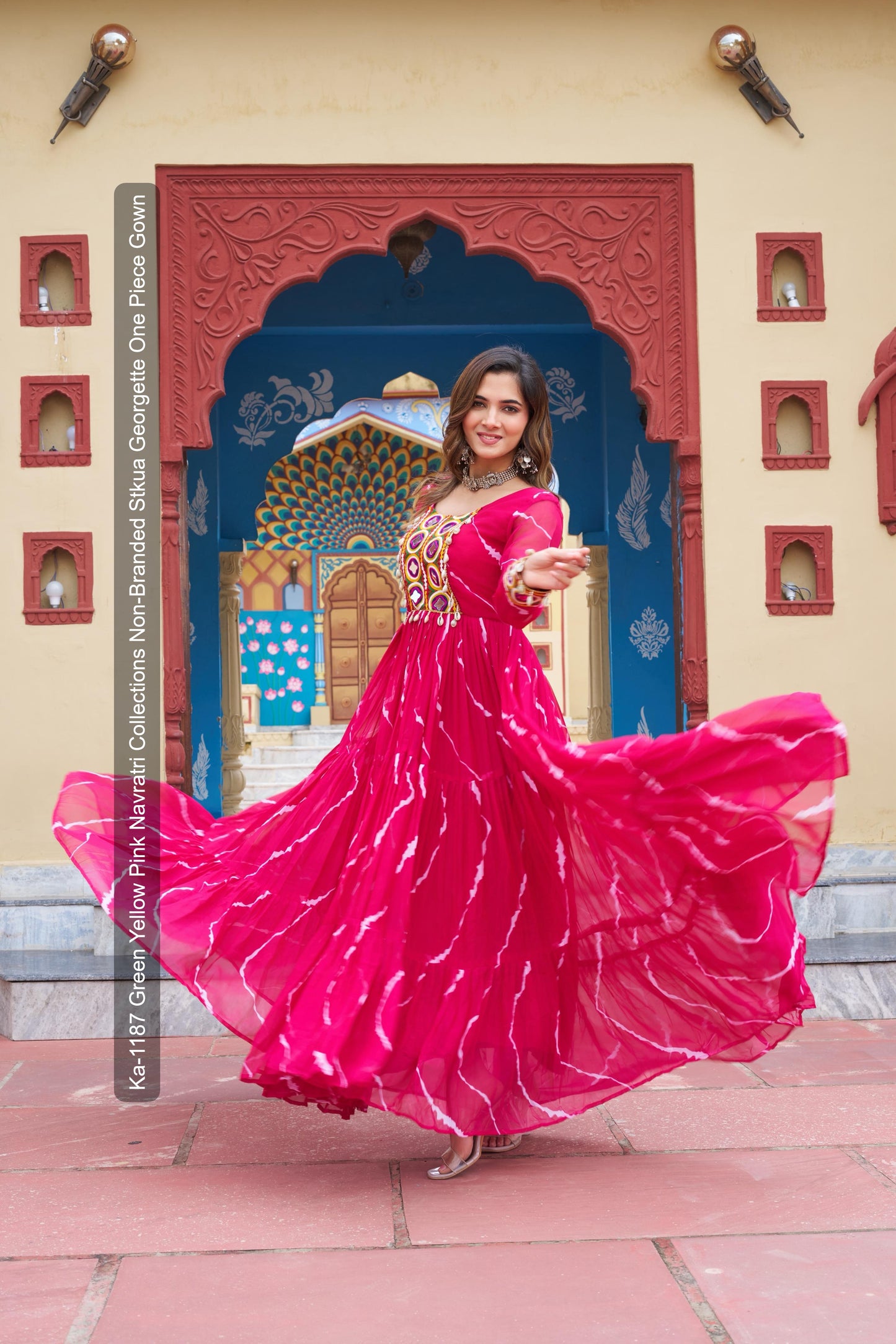 Ka-1187 Green Yellow Pink Navratri Collections Non-Branded Stkua Georgette One Piece Gown