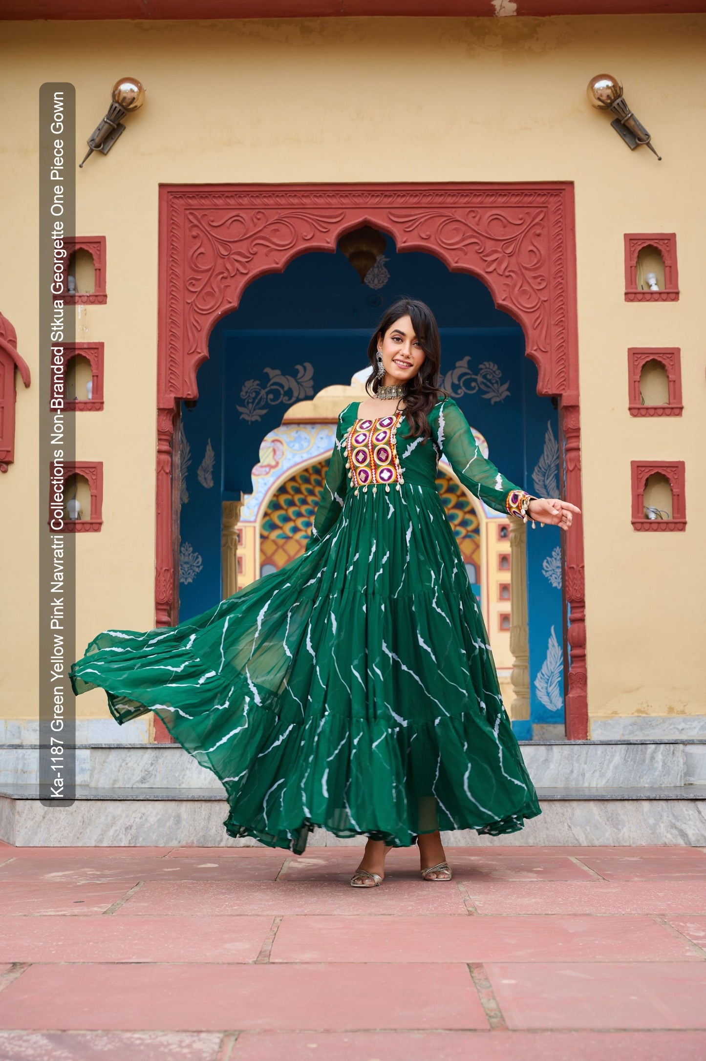 Ka-1187 Green Yellow Pink Navratri Collections Non-Branded Stkua Georgette One Piece Gown