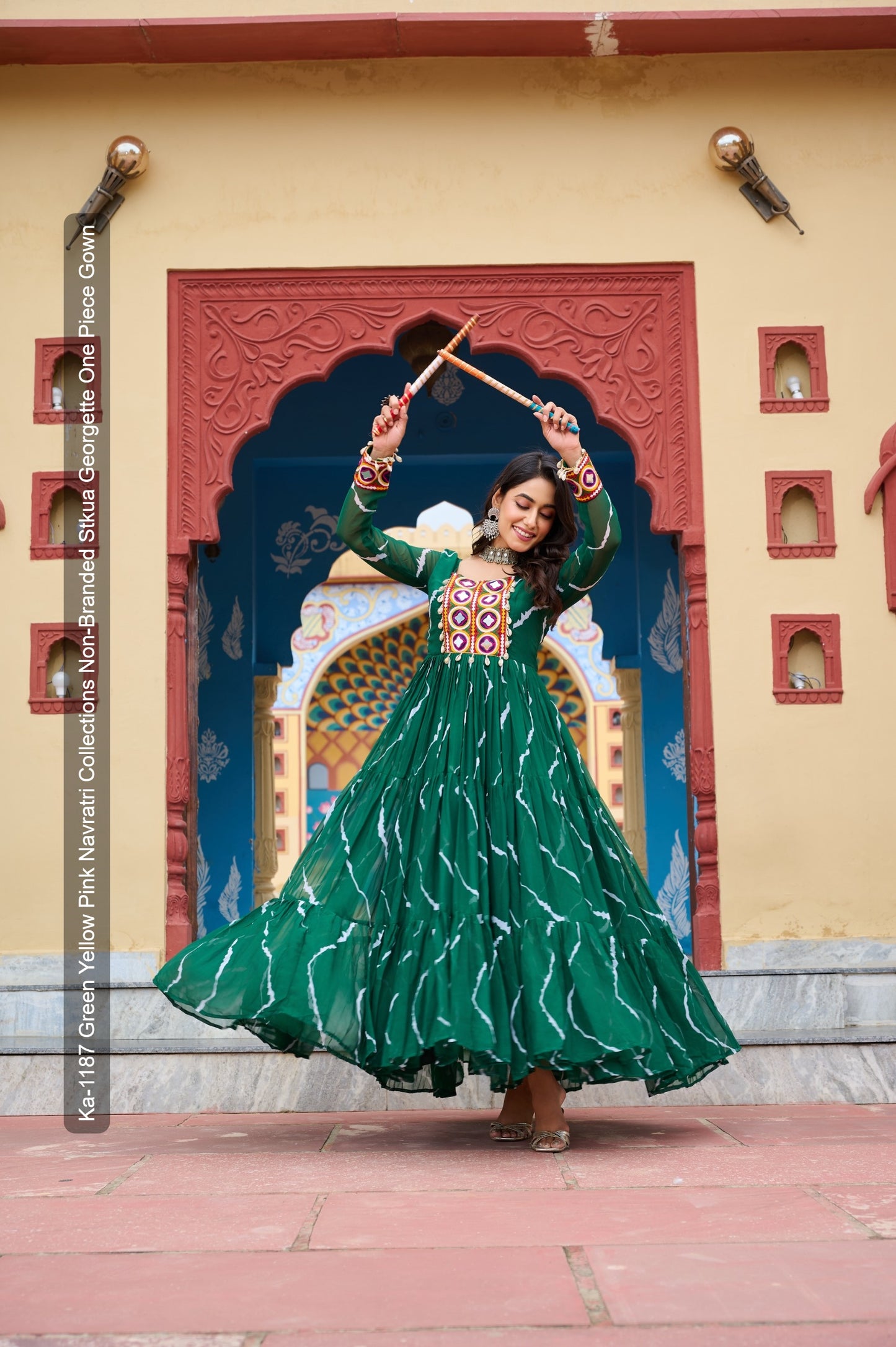 Ka-1187 Green Yellow Pink Navratri Collections Non-Branded Stkua Georgette One Piece Gown