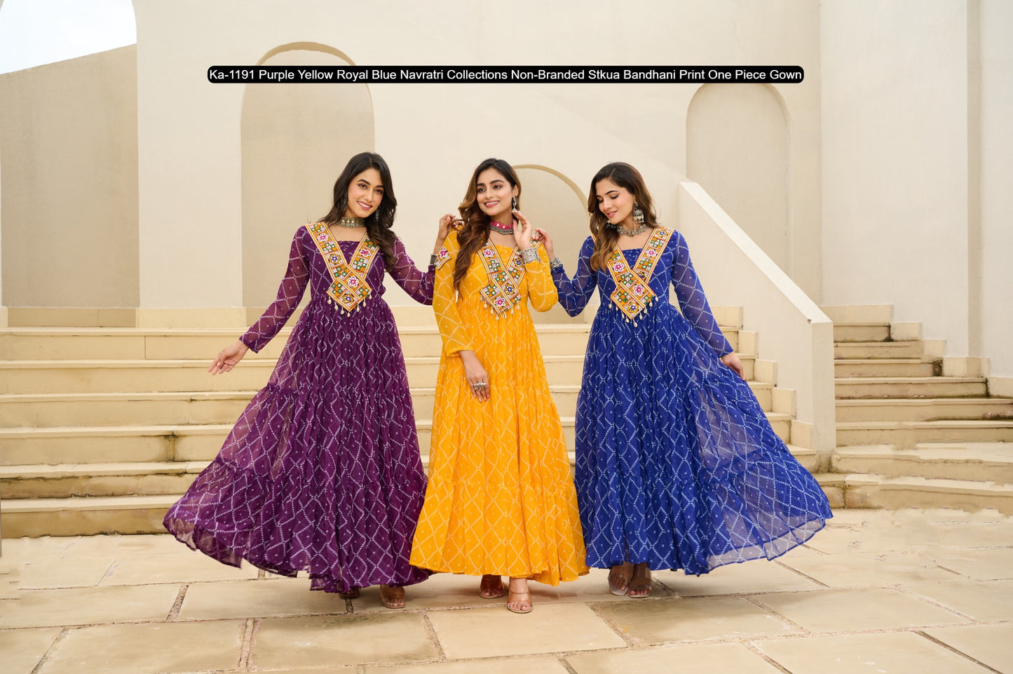 Ka-1191 Purple Yellow Royal Blue Navratri Collections Non-Branded Stkua Bandhani Print One Piece Gown