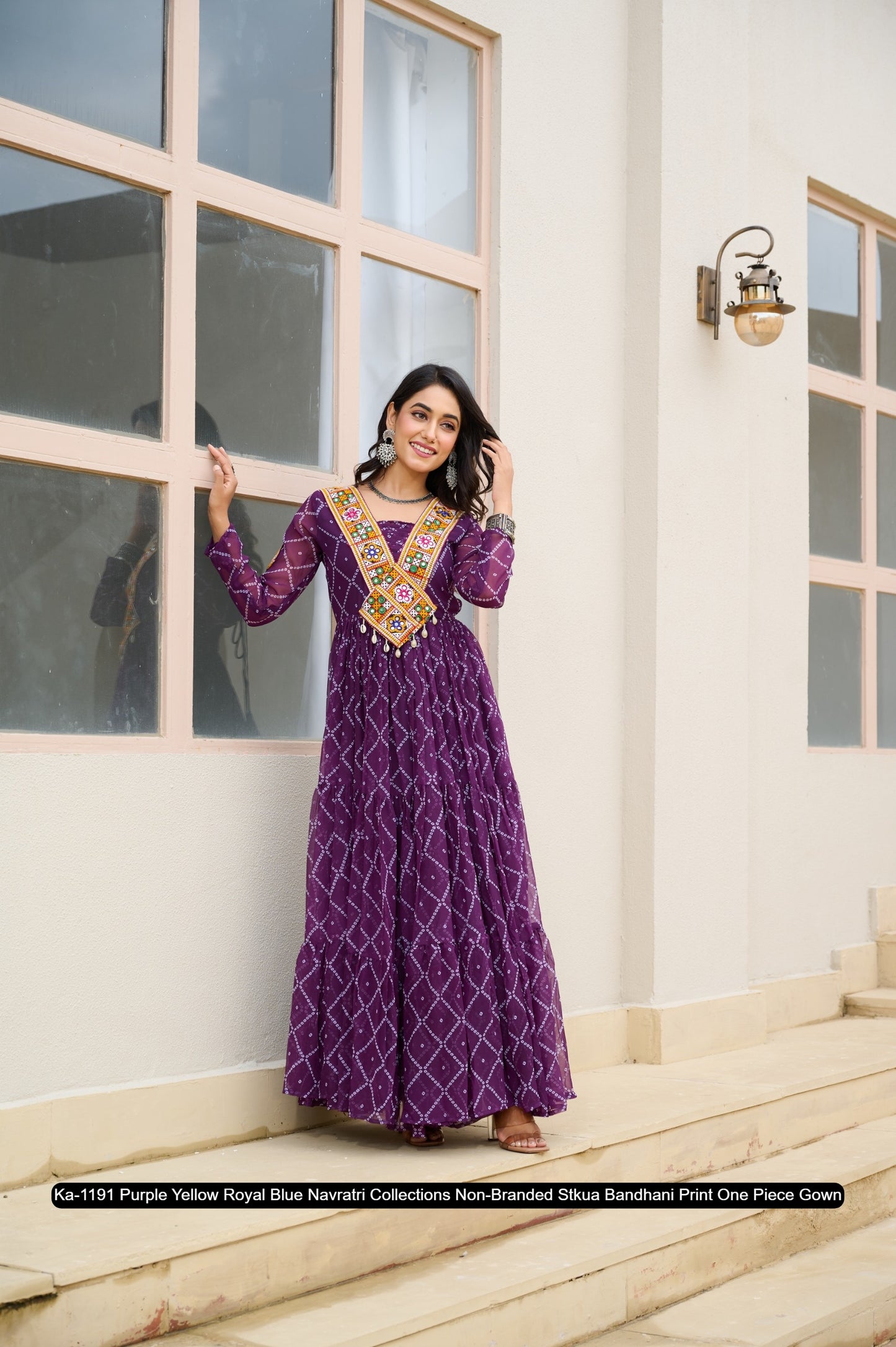 Ka-1191 Purple Yellow Royal Blue Navratri Collections Non-Branded Stkua Bandhani Print One Piece Gown