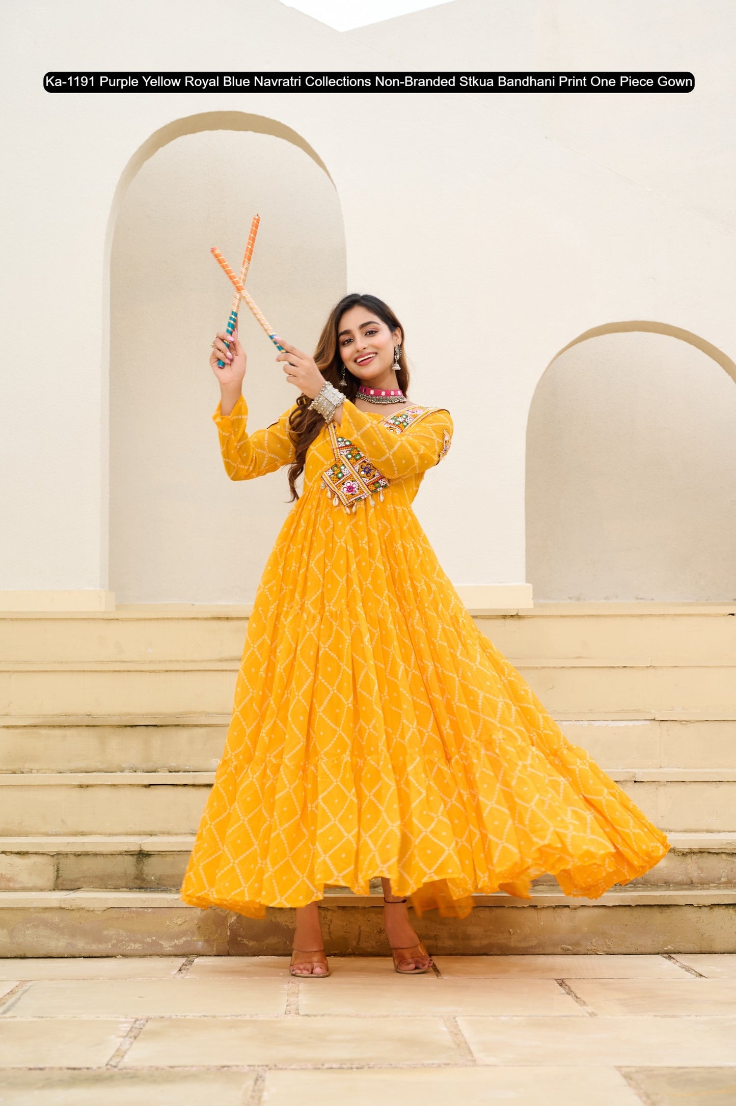 Ka-1191 Purple Yellow Royal Blue Navratri Collections Non-Branded Stkua Bandhani Print One Piece Gown