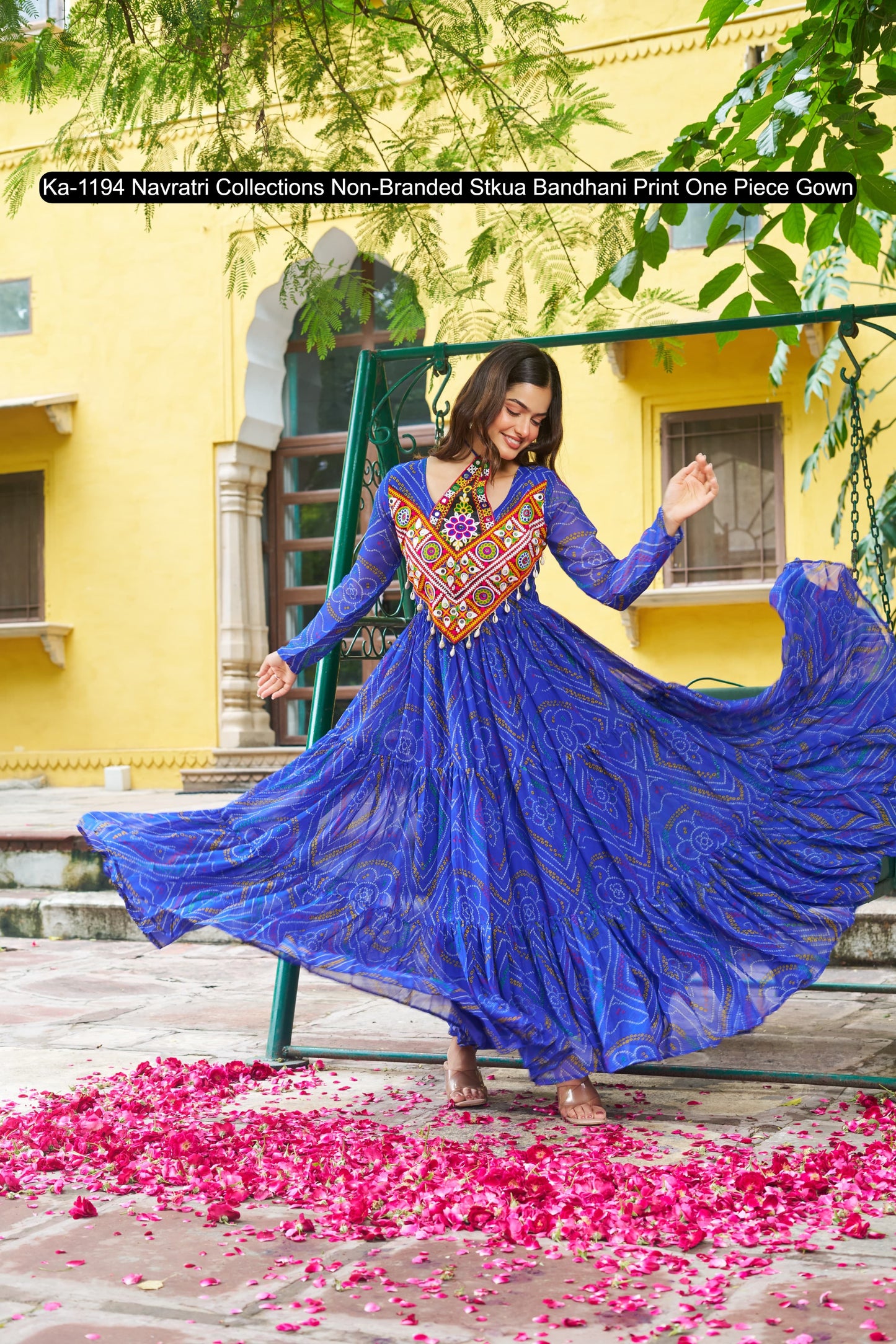 Ka-1194 Navratri Collections Non-Branded Stkua Bandhani Print One Piece Gown