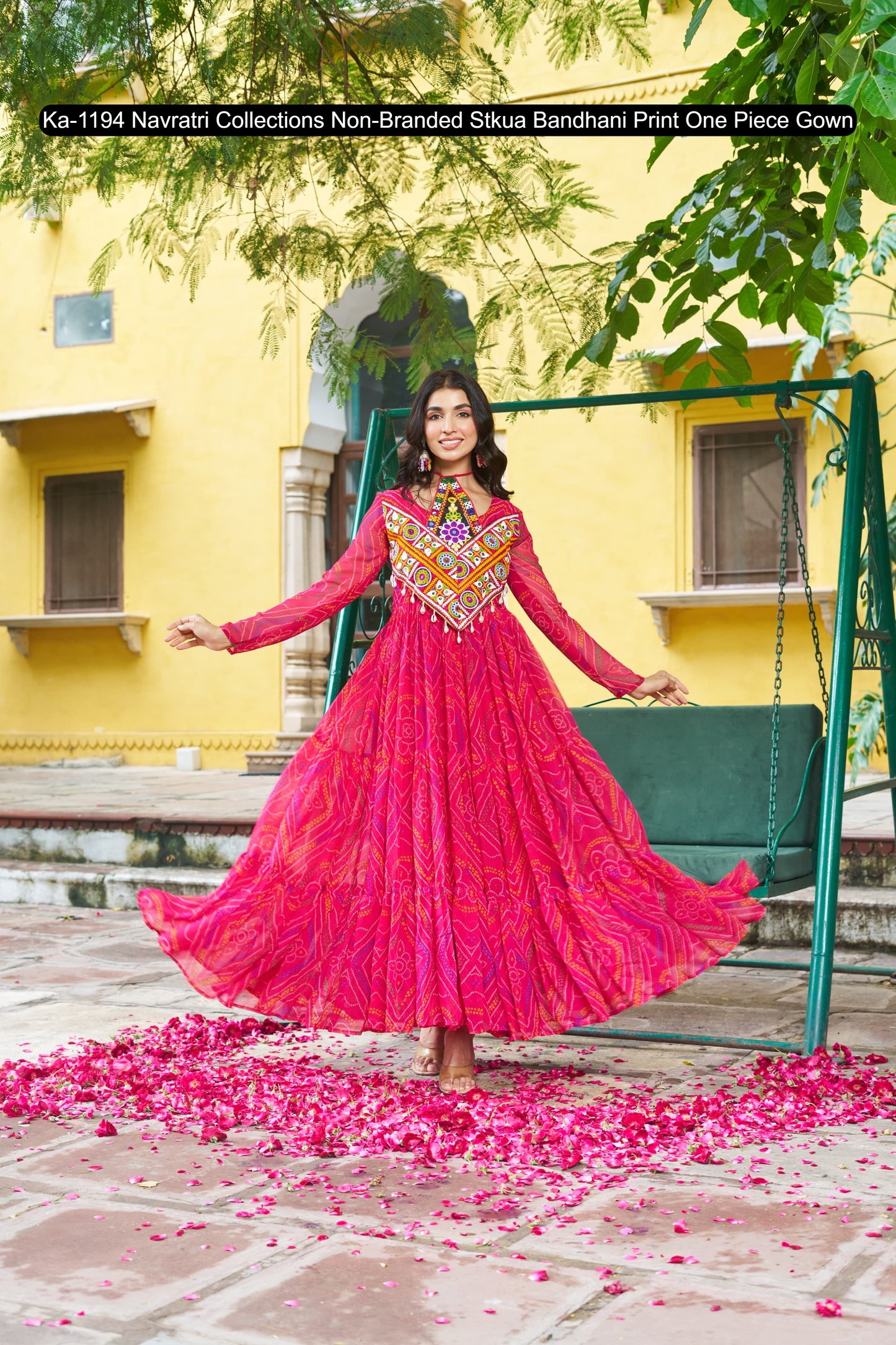 Ka-1194 Navratri Collections Non-Branded Stkua Bandhani Print One Piece Gown
