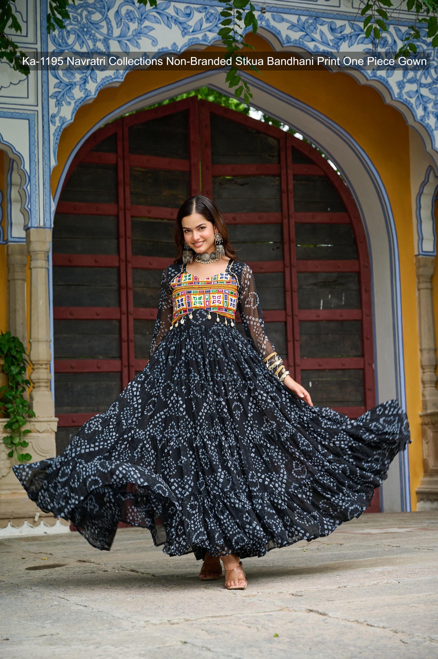 Ka-1195 Navratri Collections Non-Branded Stkua Bandhani Print One Piece Gown