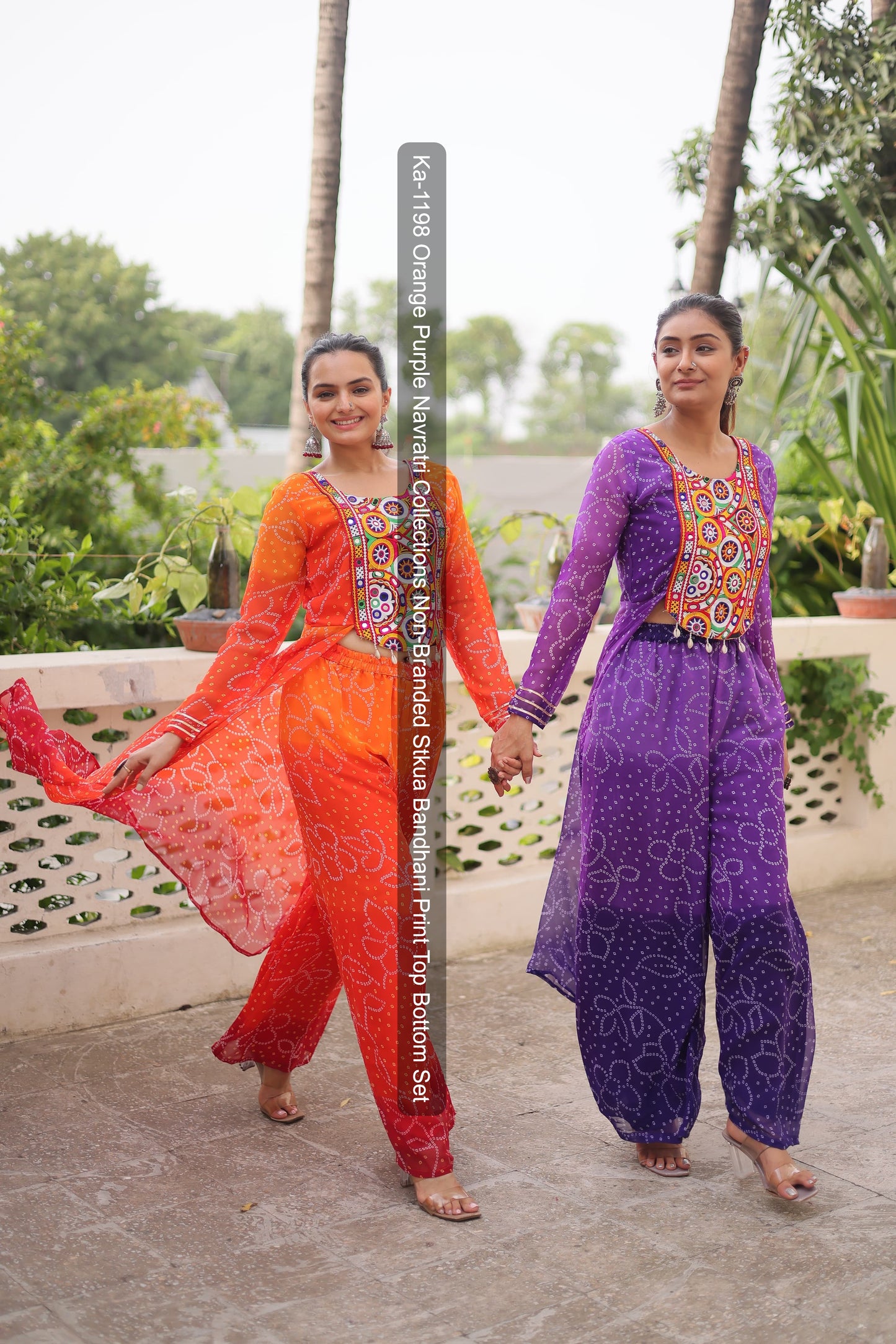 Ka-1198 Orange Purple Navratri Collections Non-Branded Stkua Bandhani Print Top Bottom Set