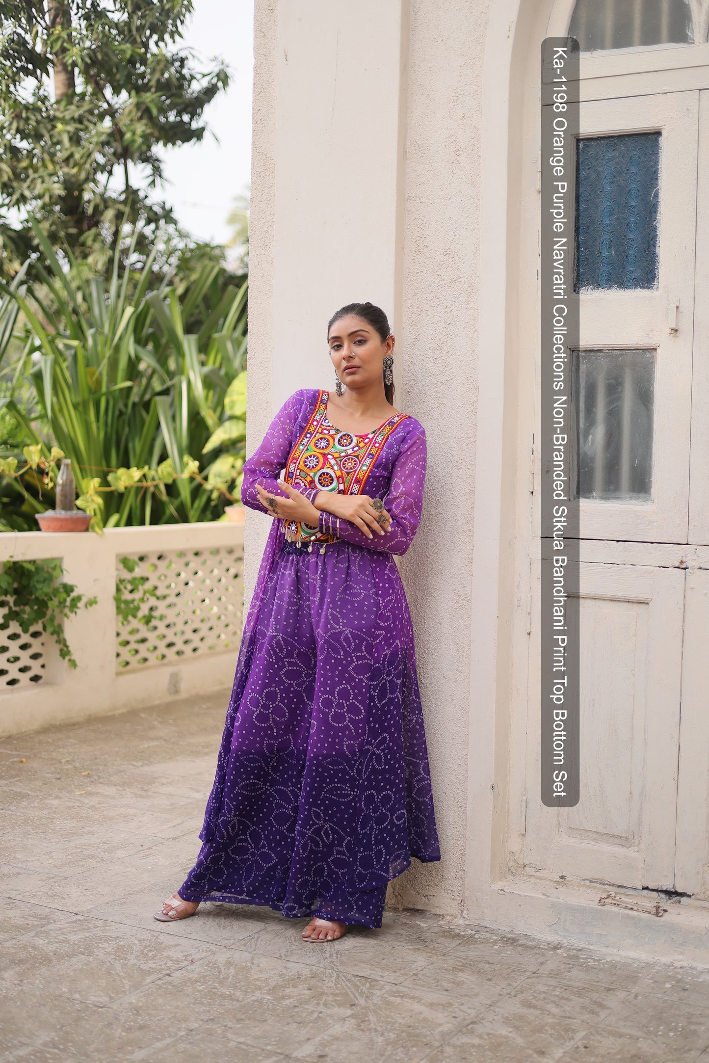 Ka-1198 Orange Purple Navratri Collections Non-Branded Stkua Bandhani Print Top Bottom Set