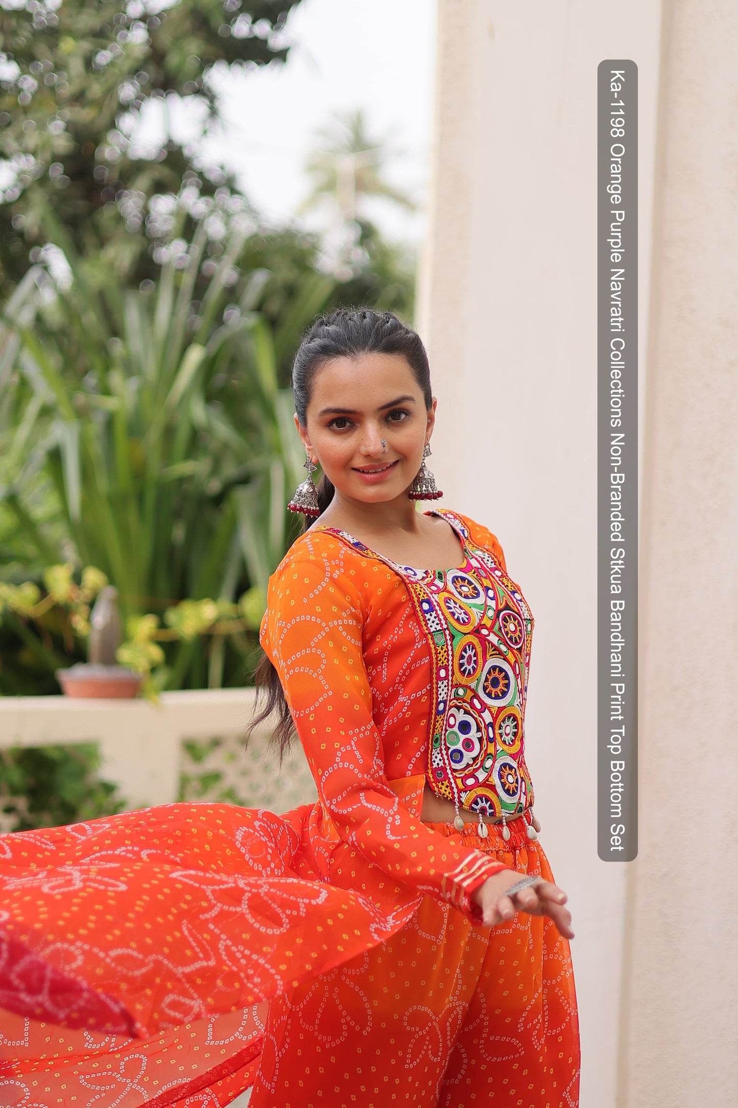 Ka-1198 Orange Purple Navratri Collections Non-Branded Stkua Bandhani Print Top Bottom Set