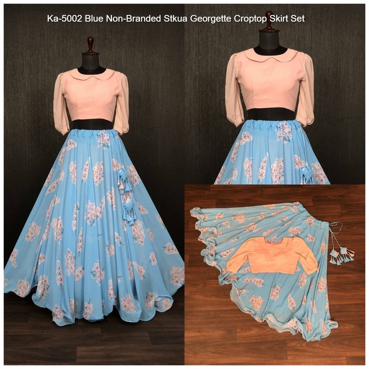 Ka-5002 Blue Non-Branded Stkua Georgette Croptop Skirt Set