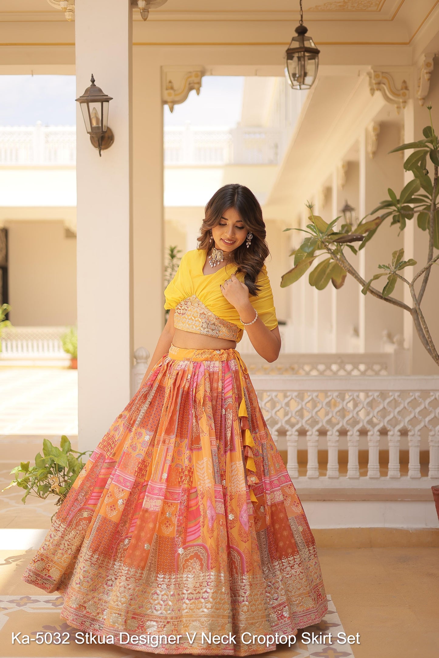 Ka-5032 Stkua Designer V Neck Croptop Skirt Set