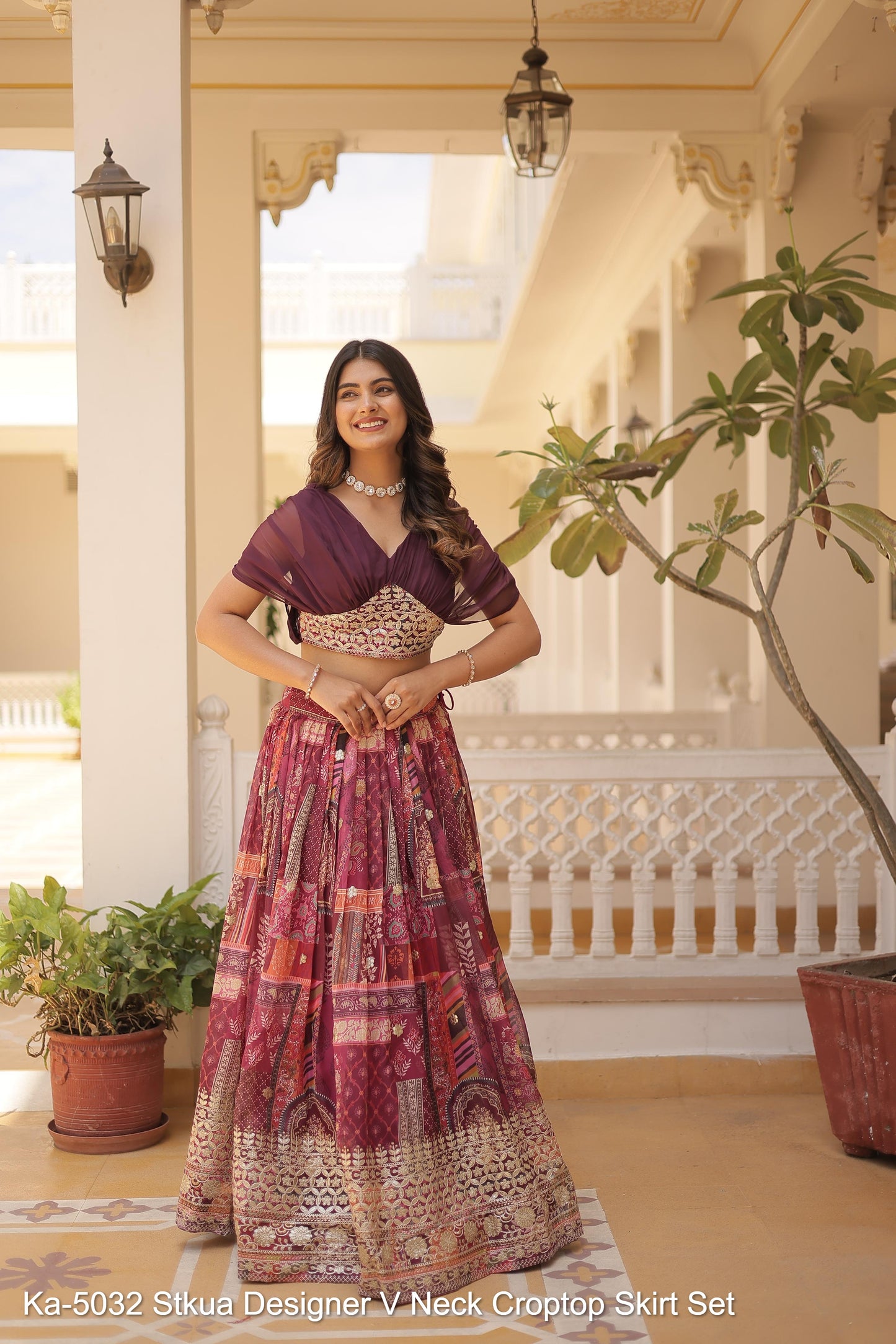 Ka-5032 Stkua Designer V Neck Croptop Skirt Set