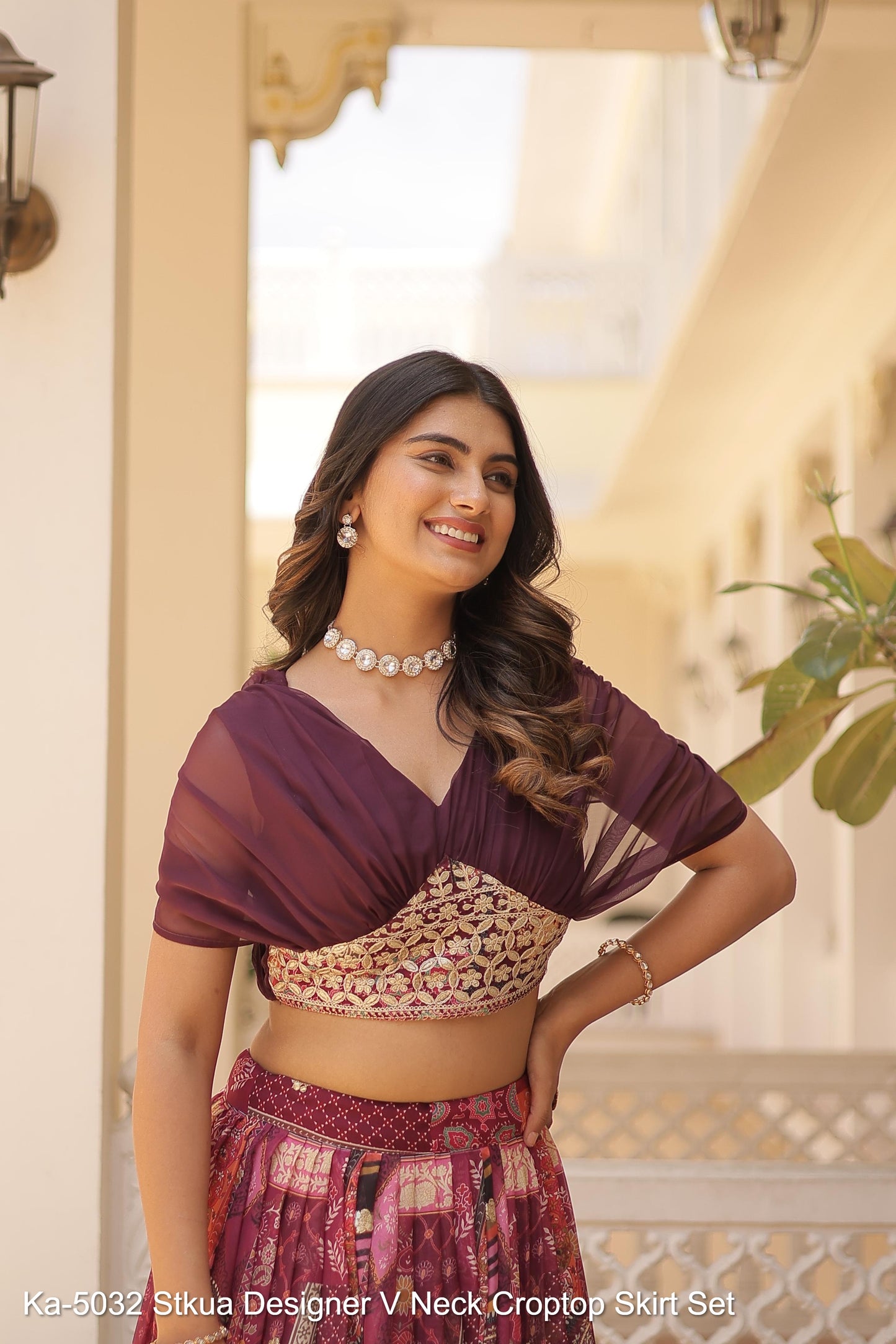 Ka-5032 Stkua Designer V Neck Croptop Skirt Set