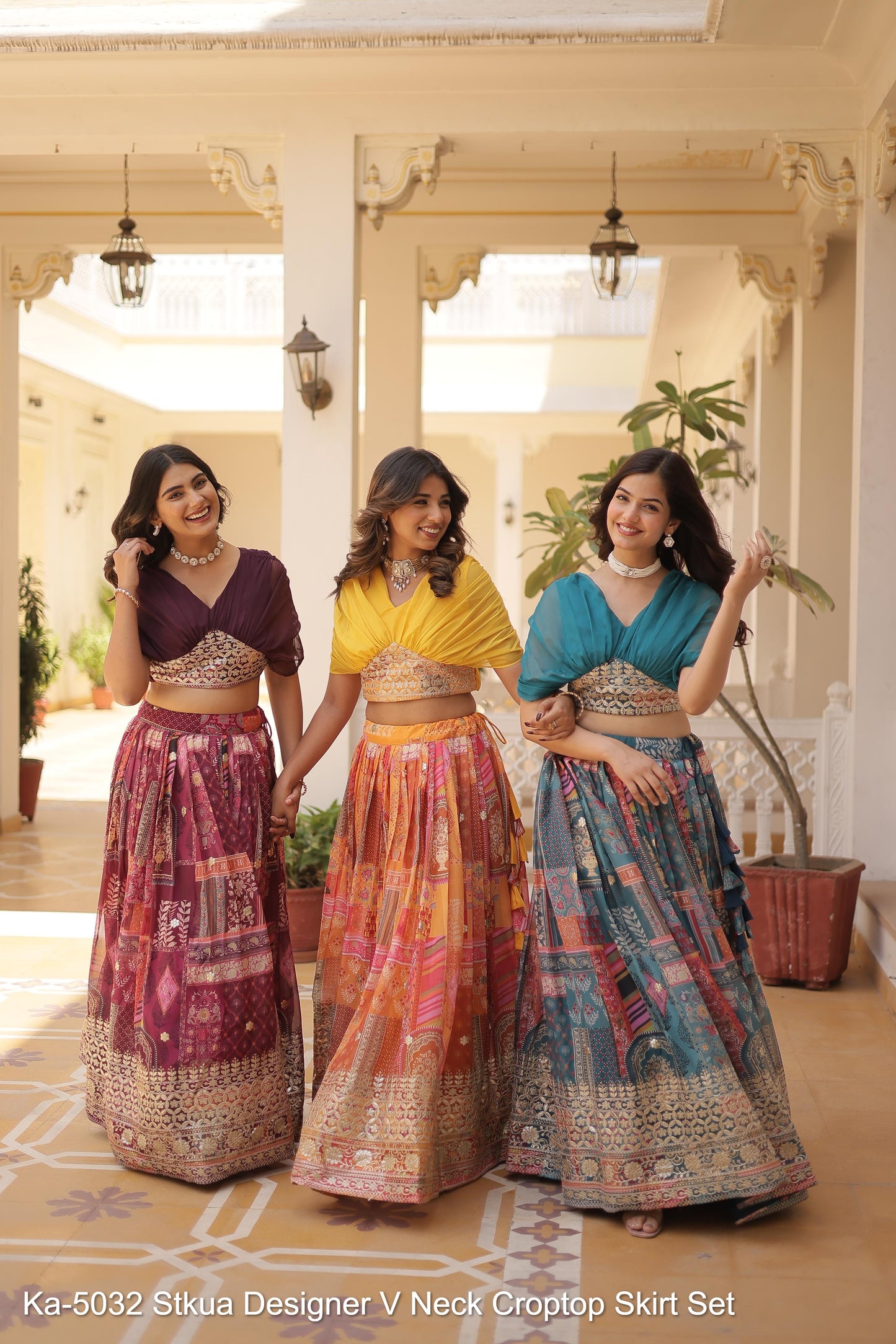 Ka-5032 Stkua Designer V Neck Croptop Skirt Set