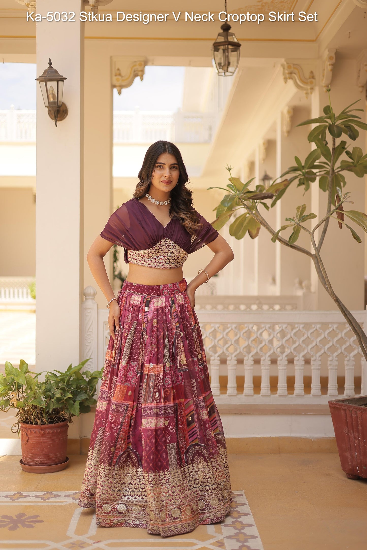 Ka-5032 Stkua Designer V Neck Croptop Skirt Set