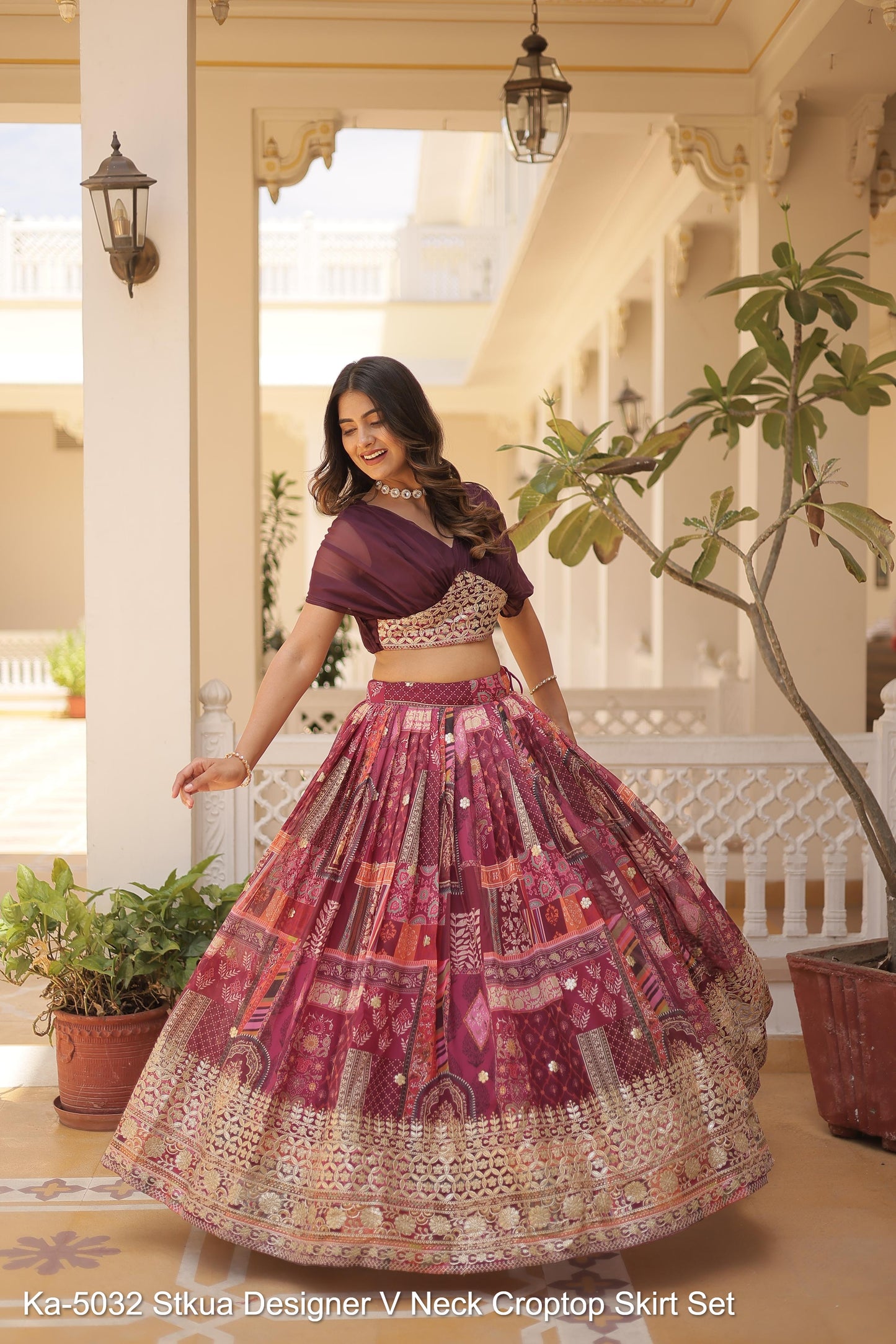 Ka-5032 Stkua Designer V Neck Croptop Skirt Set